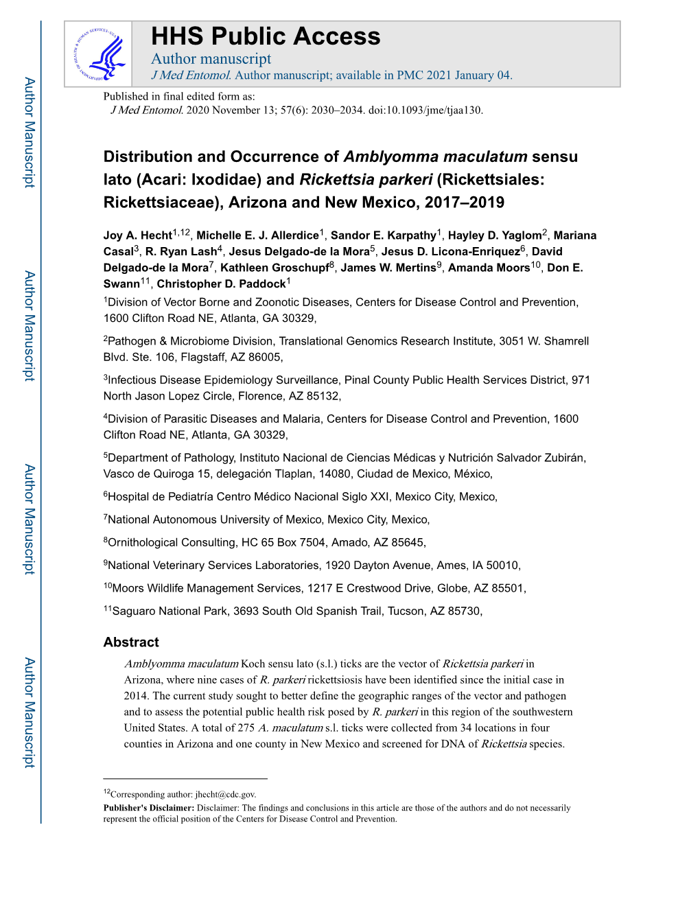 (Acari: Ixodidae) and Rickettsia Parkeri (Rickettsiales: Rickettsiaceae), Arizona and New Mexico, 2017–2019