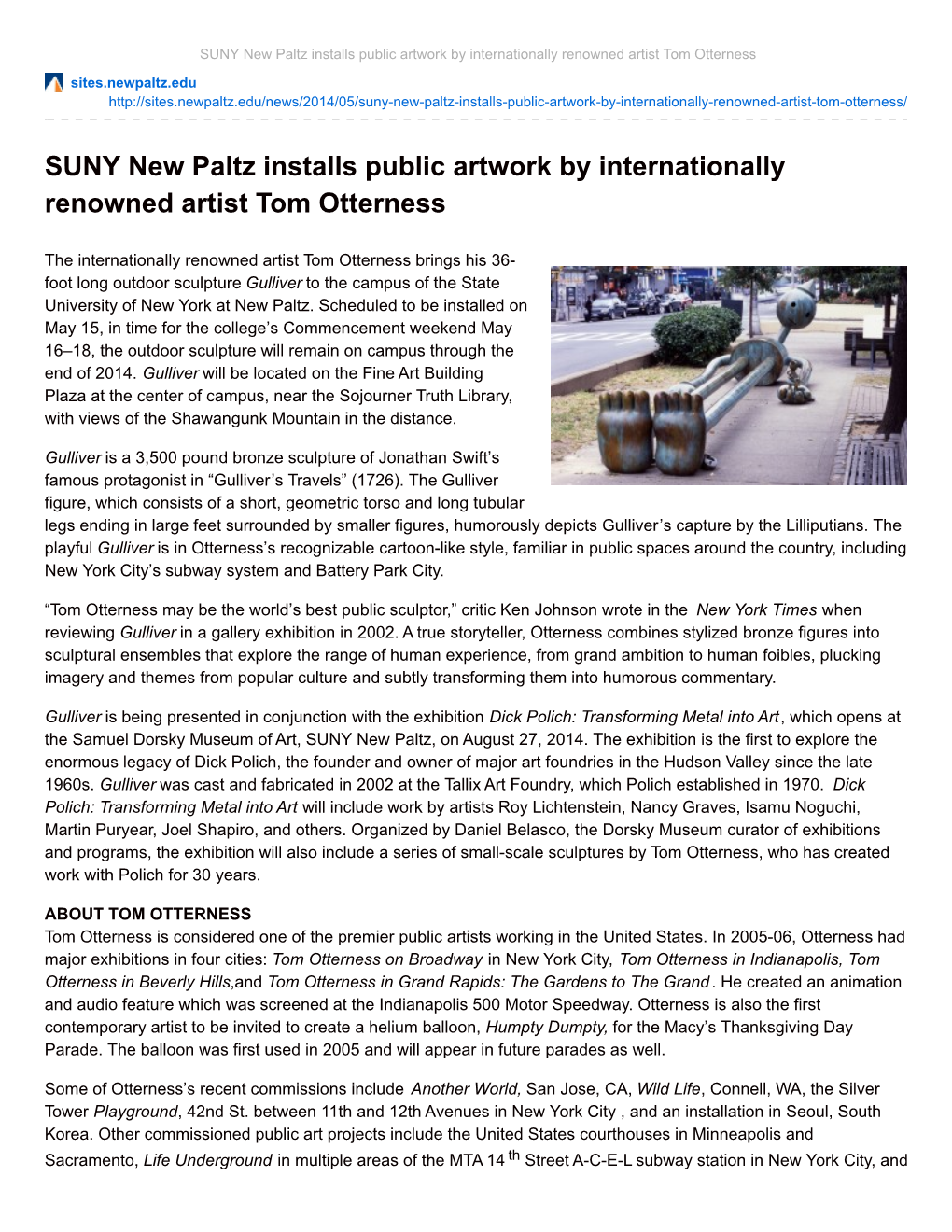 SUNY New Paltz Installs Public Artwork by Internationally Renowned Artist Tom Otterness
