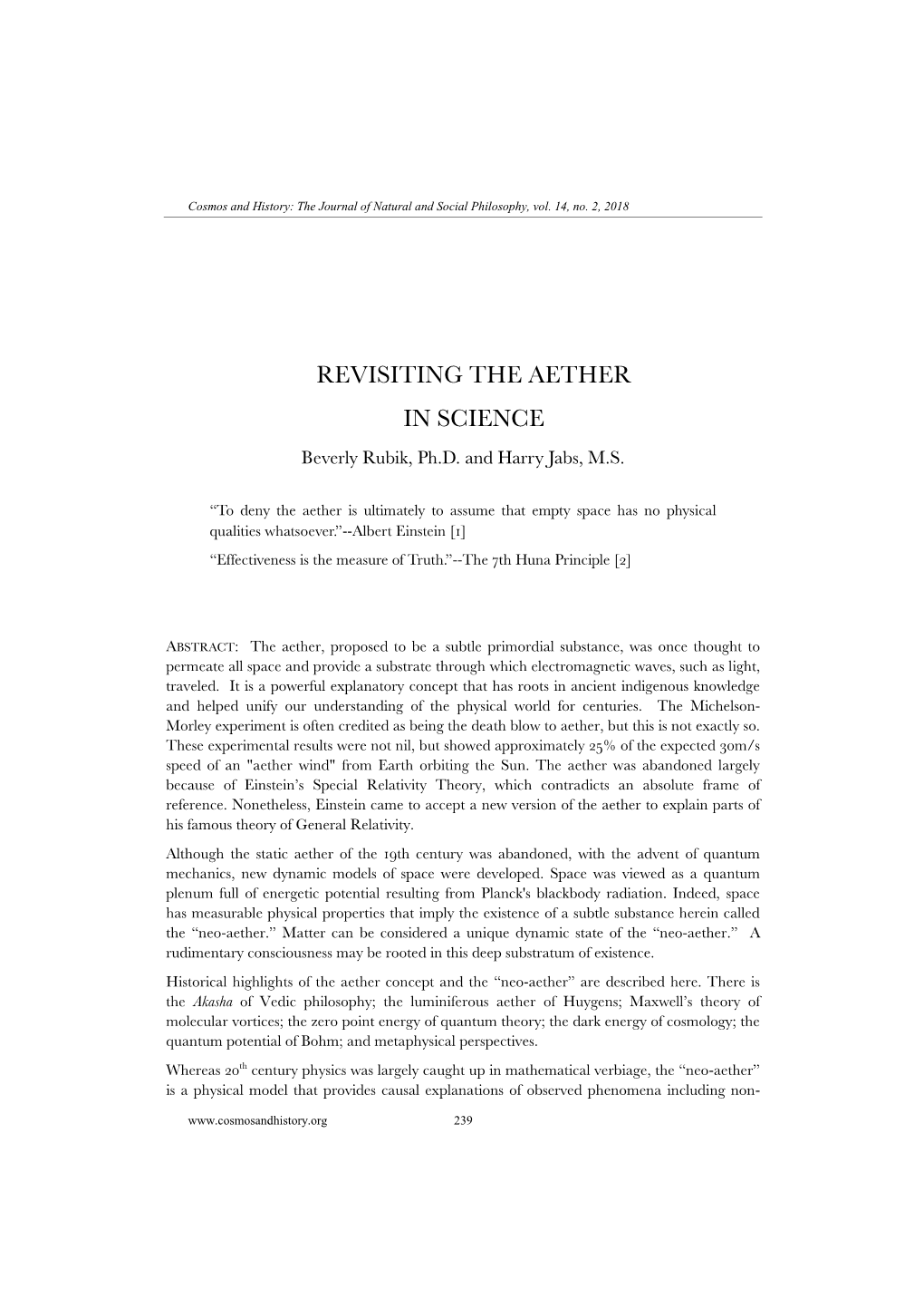 REVISITING the AETHER in SCIENCE Beverly Rubik, Ph.D