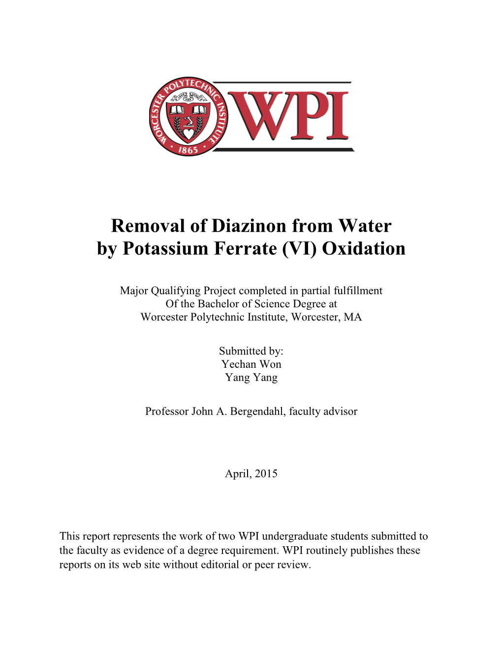 Removal of Diazinon from Water by Potassium Ferrate (VI) Oxidation