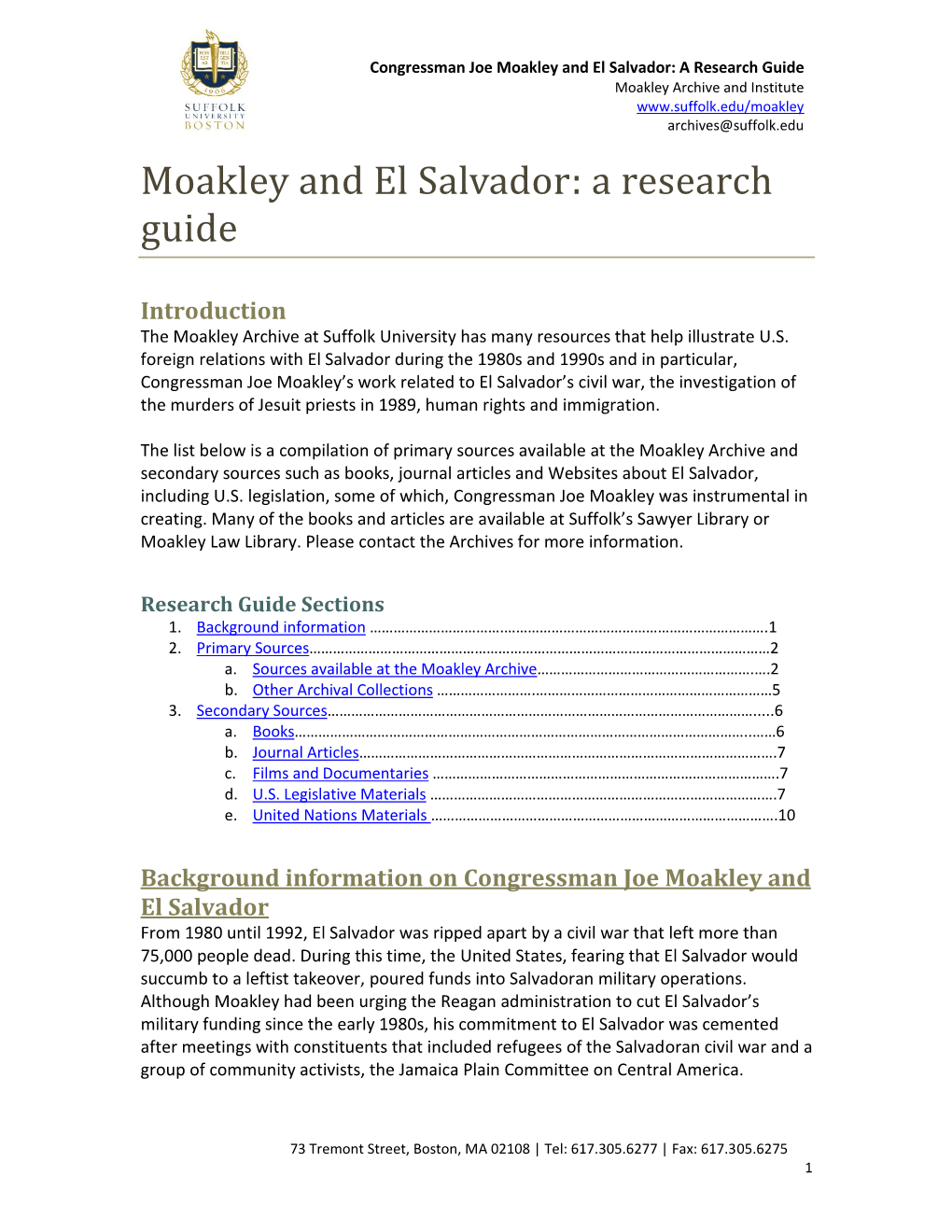 Moakley and El Salvador: a Research Guide Moakley Archive and Institute Archives@Suffolk.Edu