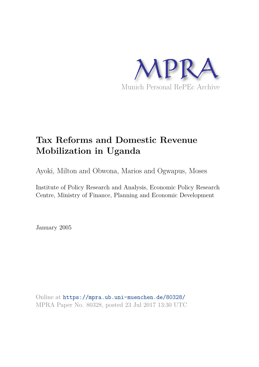 Tax Reforms and Domestic Revenue Mobilization in Uganda