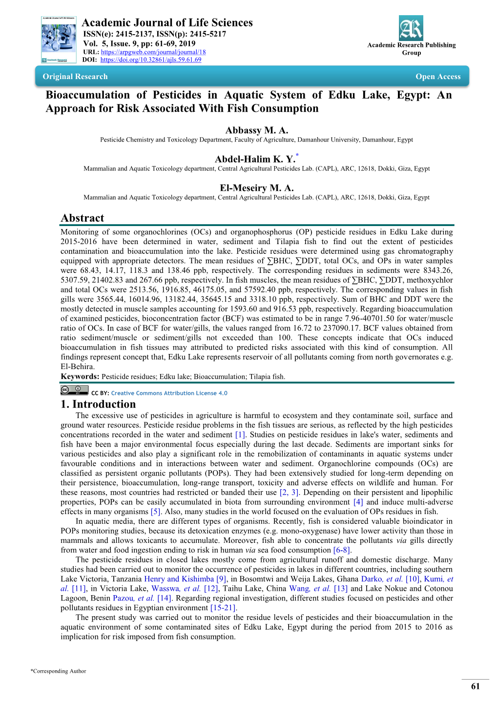 Academic Journal of Life Sciences Bioaccumulation of Pesticides In