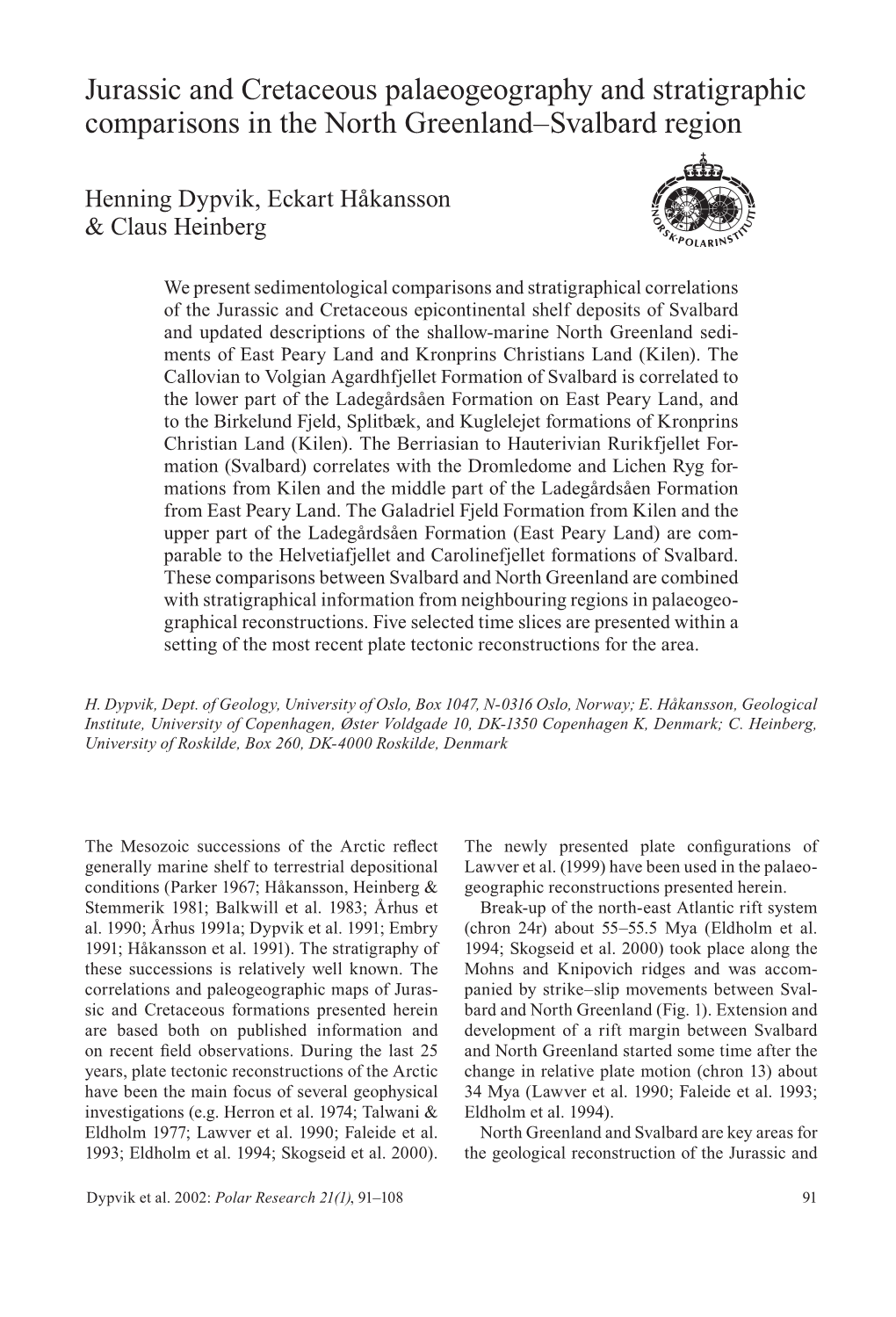 Jurassic and Cretaceous Palaeogeography and Stratigraphic Comparisons in the North Greenland–Svalbard Region