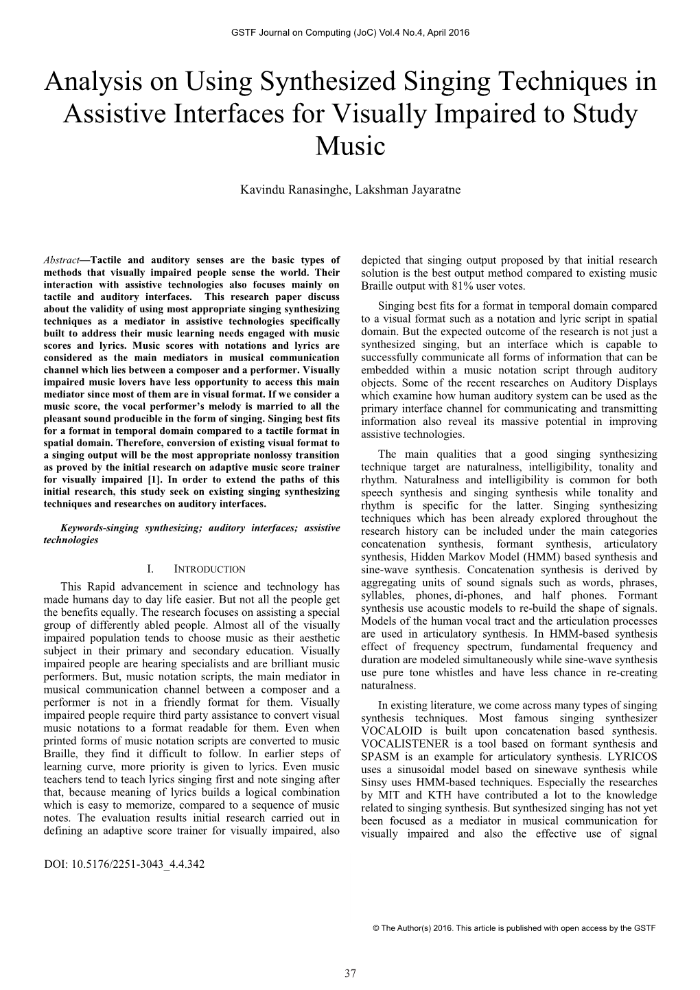 Analysis on Using Synthesized Singing Techniques in Assistive Interfaces for Visually Impaired to Study Music