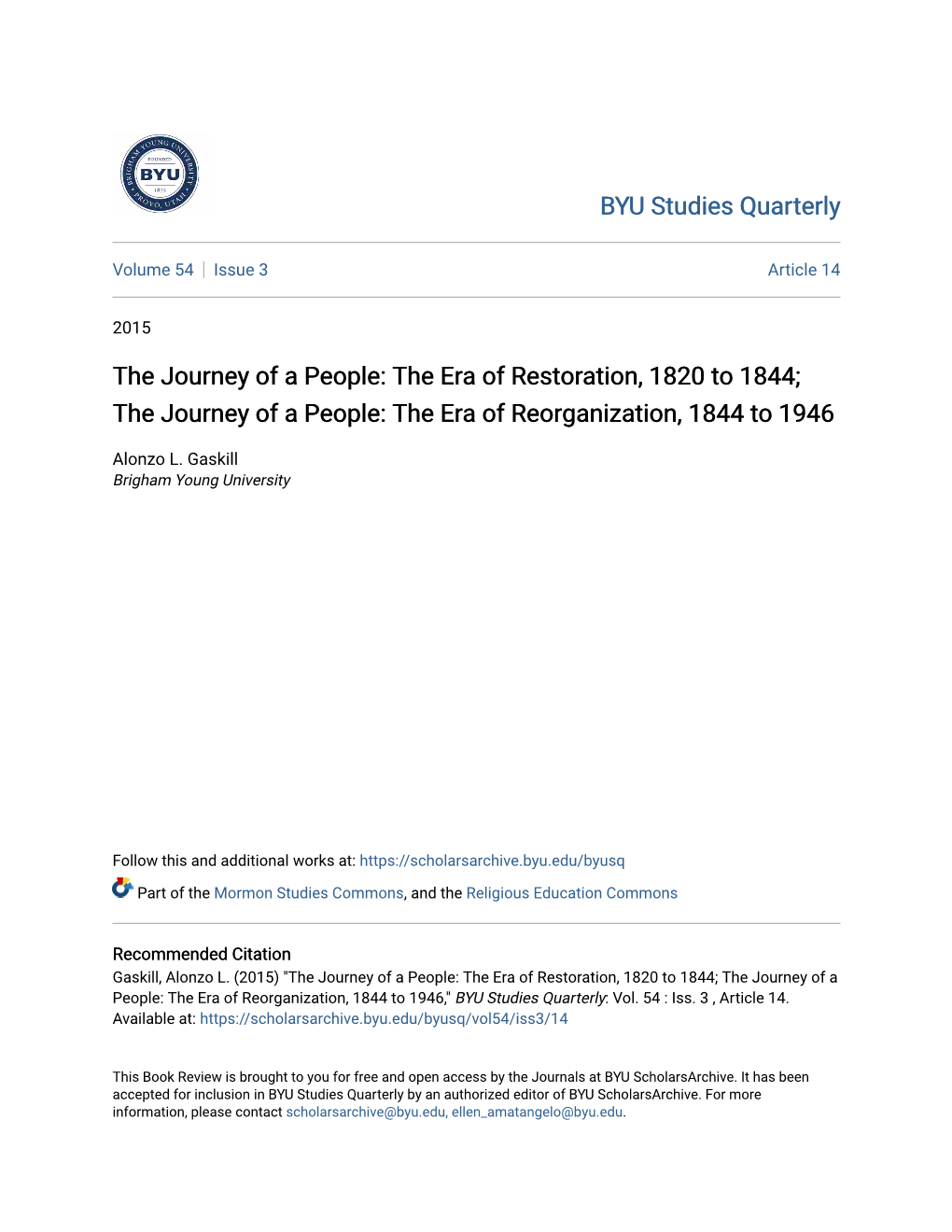 The Era of Restoration, 1820 to 1844; the Journey of a People: the Era of Reorganization, 1844 to 1946