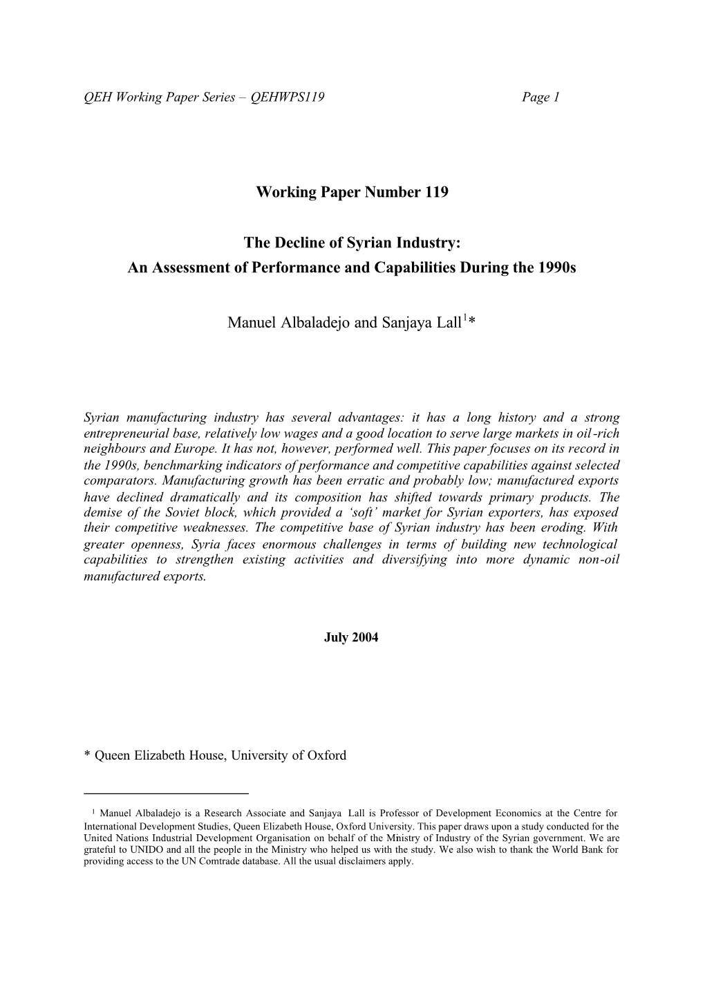 Working Paper Number 119 the Decline Of