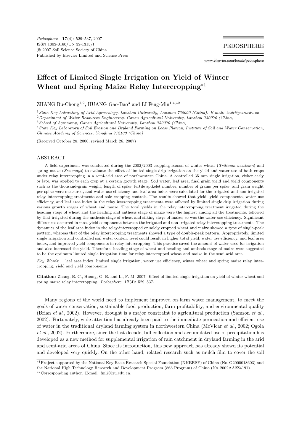 Effect of Limited Single Irrigation on Yield of Winter Wheat and Spring