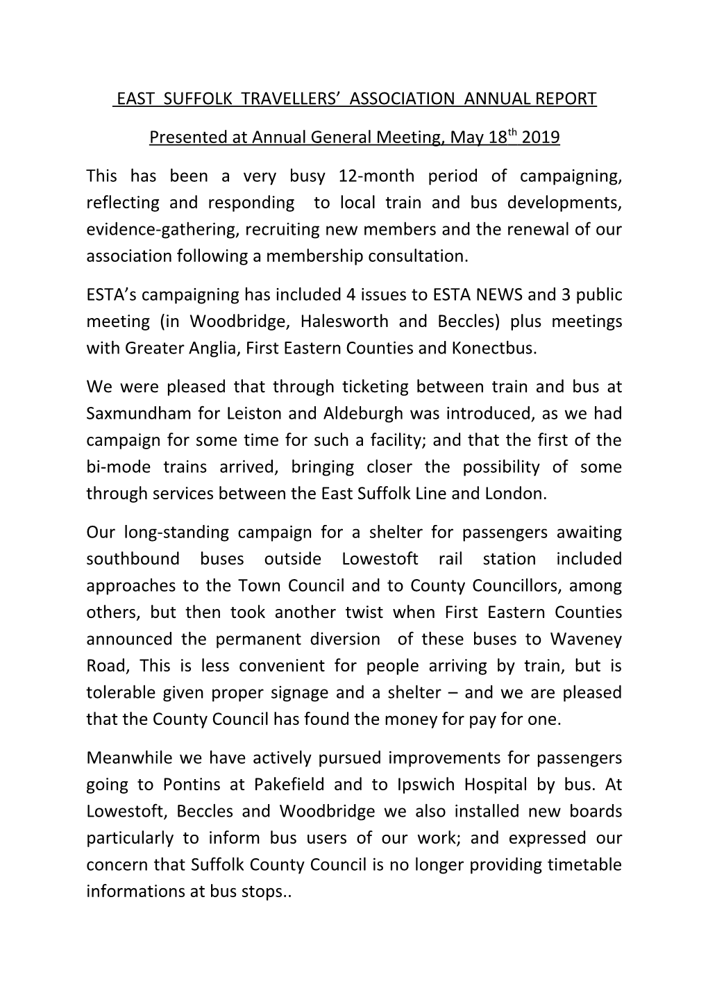 East Suffolk Travellers' Association Annual Report