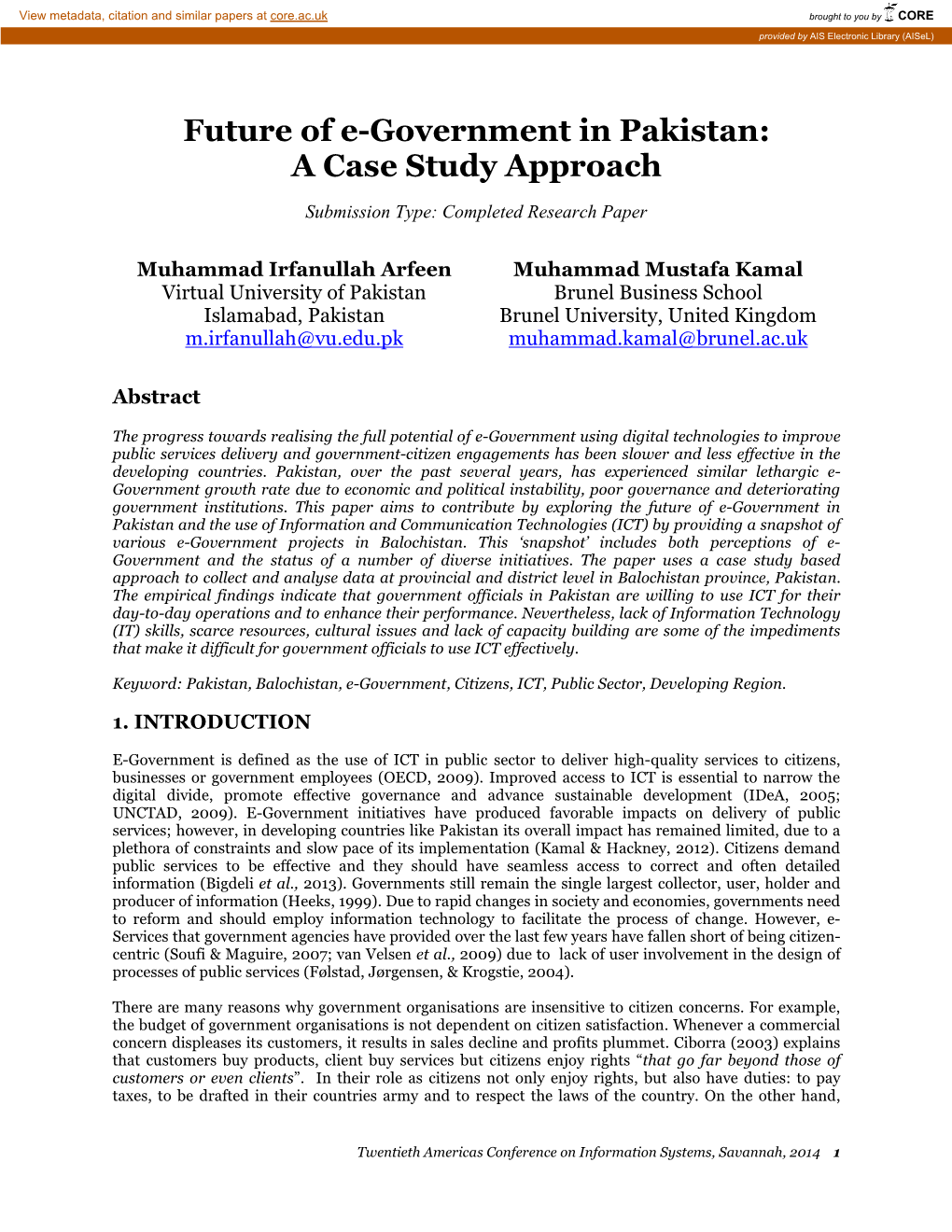 Future of E-Government in Pakistan: a Case Study Approach