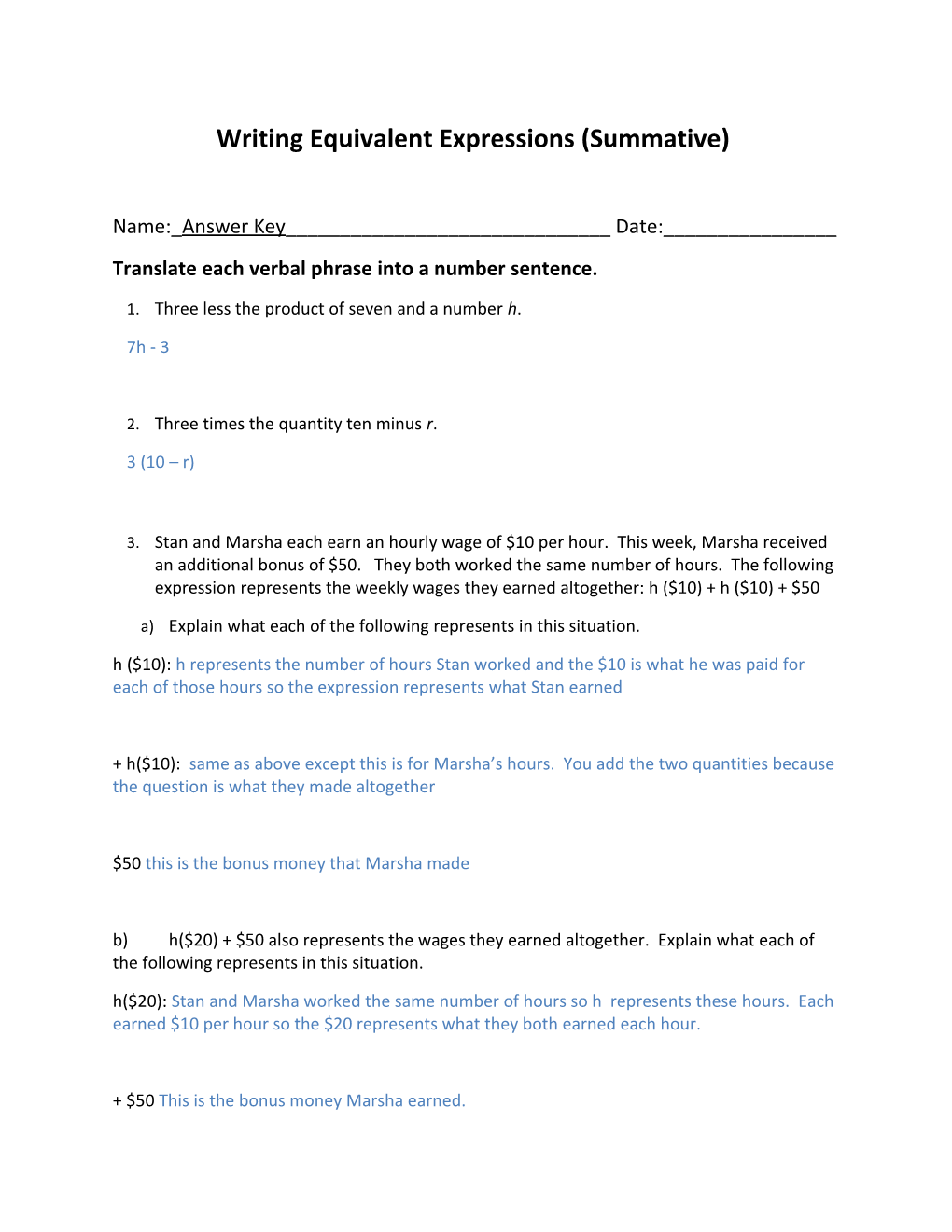 Writing Equivalent Expressions (Summative)