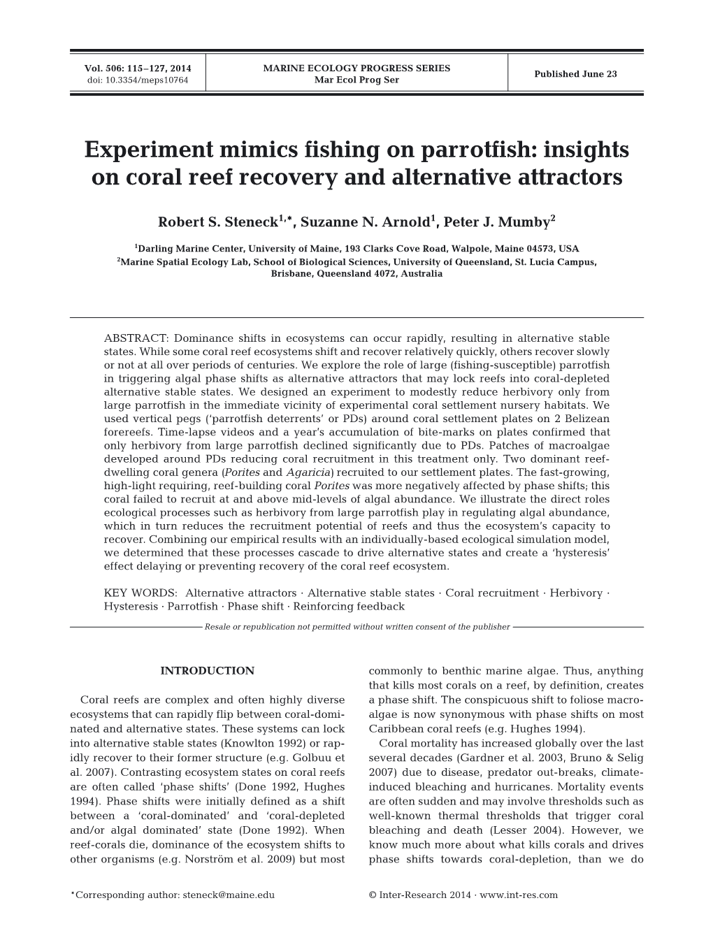 Experiment Mimics Fishing on Parrotfish: Insights on Coral Reef Recovery and Alternative Attractors