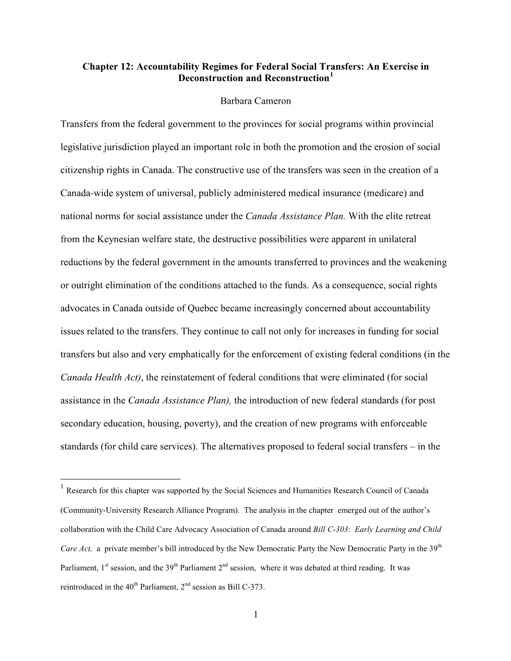 Accountability Regimes for Federal Social Transfers: an Exercise in Deconstruction and Reconstruction1