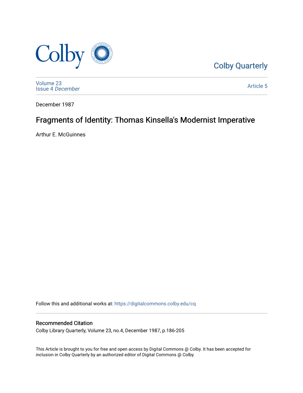 Thomas Kinsella's Modernist Imperative