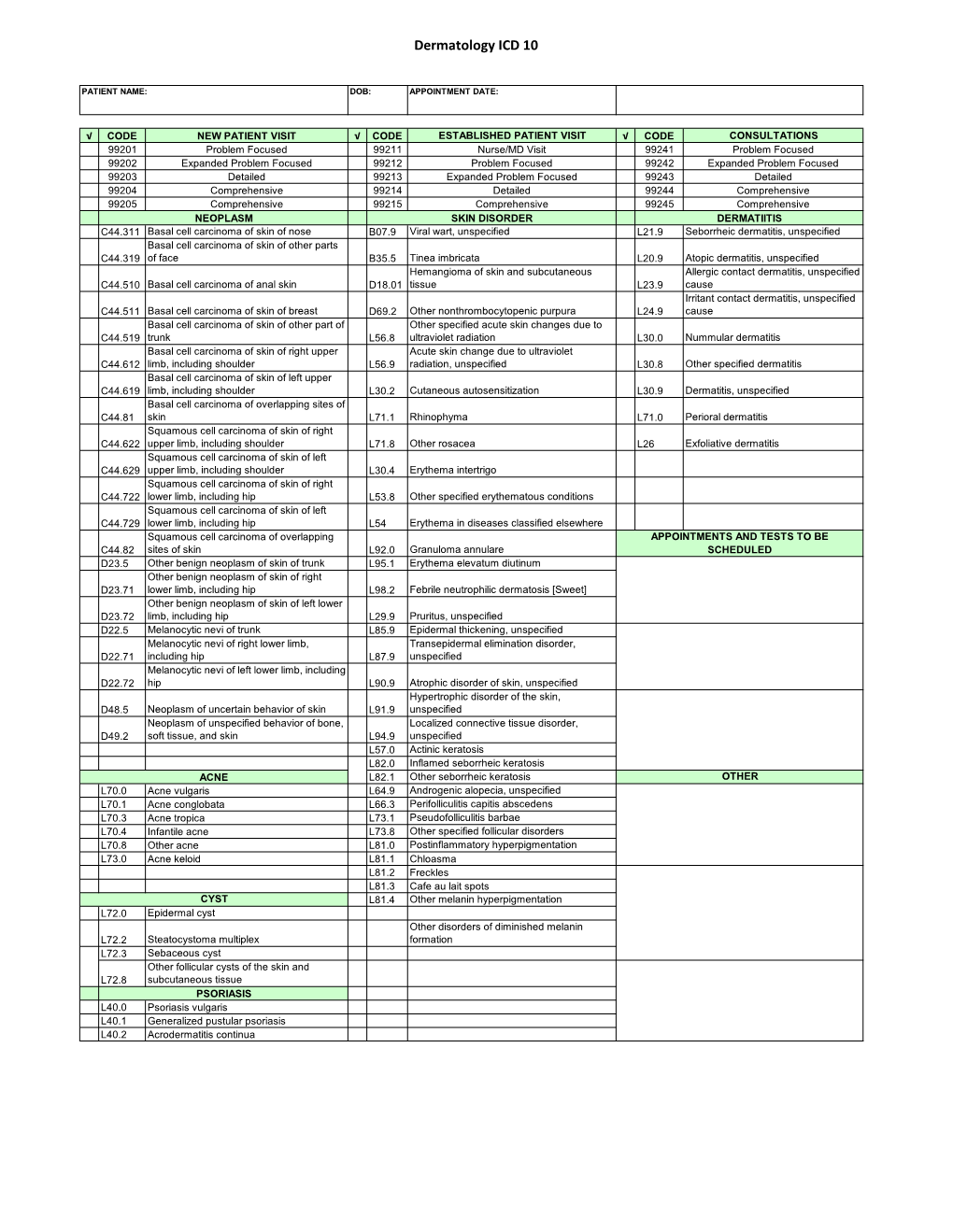 Dermatology ICD 10