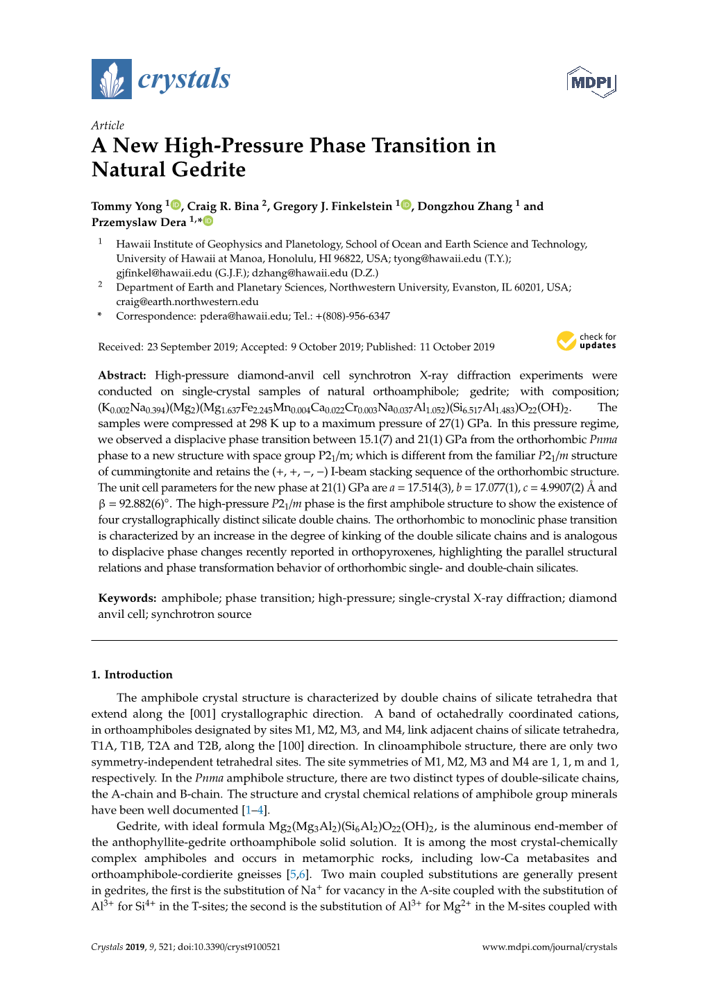 A New High-Pressure Phase Transition in Natural Gedrite