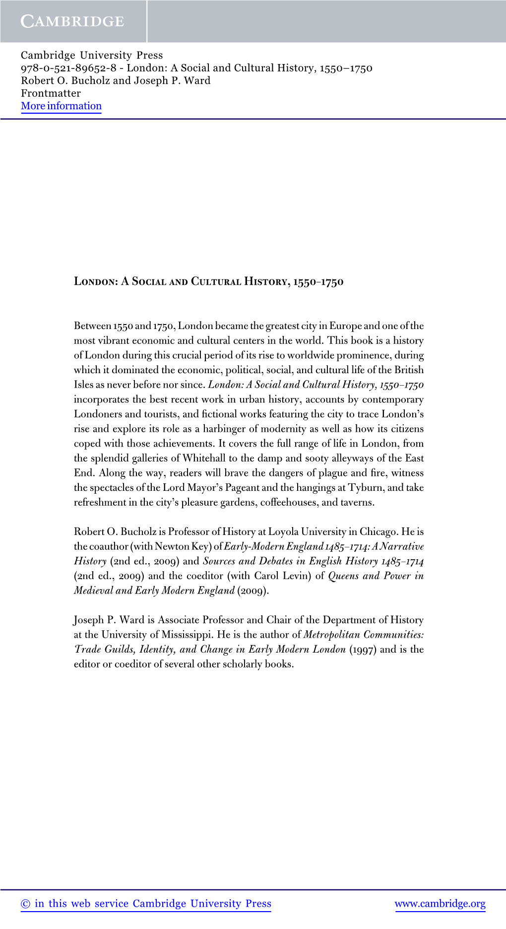 London: a Social and Cultural History, 1550–1750 Robert O