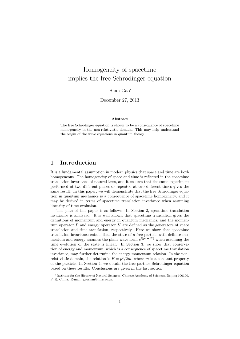 Homogeneity of Spacetime Implies the Free Schrödinger Equation