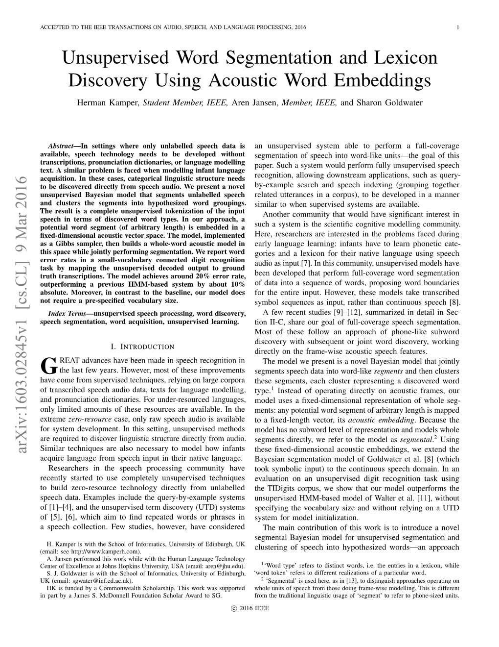 Unsupervised Word Segmentation and Lexicon Discovery Using