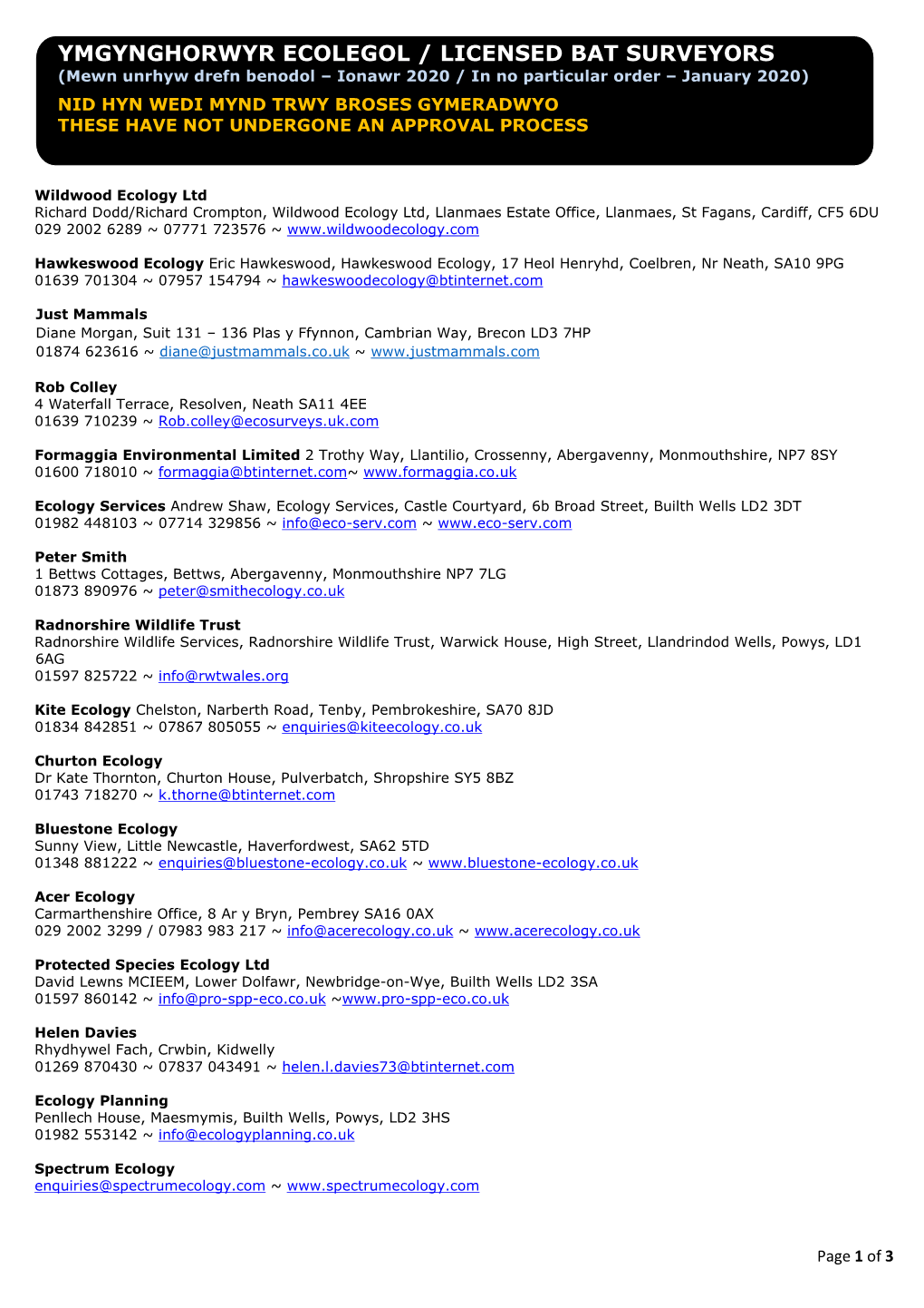 YMGYNGHORWYR ECOLEGOL / LICENSED BAT SURVEYORS (Mewn Unrhyw Drefn Benodol – Ionawr 2020 / in No Particular Order – January 2020)