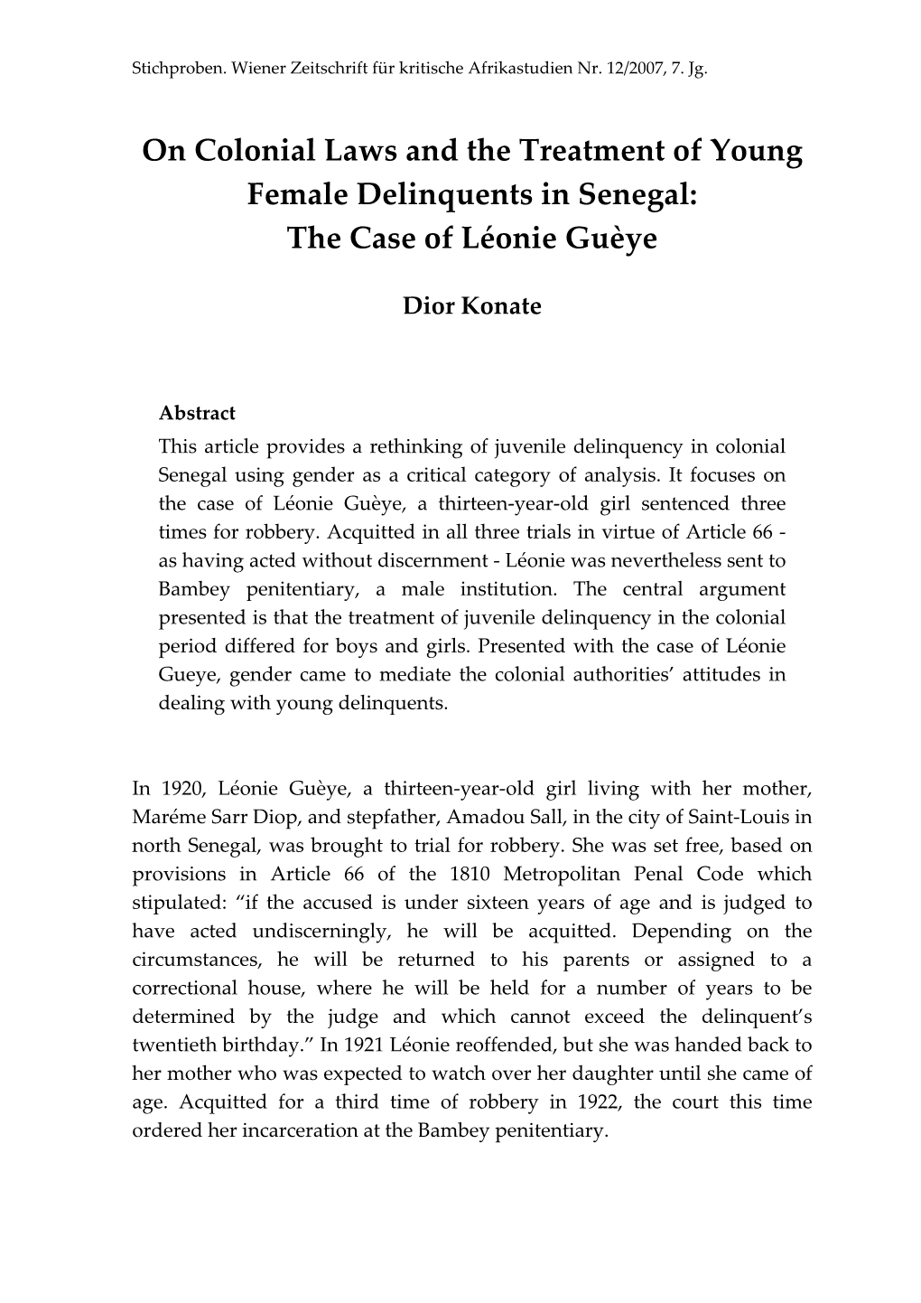 On Colonial Laws and the Treatment of Young Female Delinquents in Senegal: the Case of Léonie Guèye