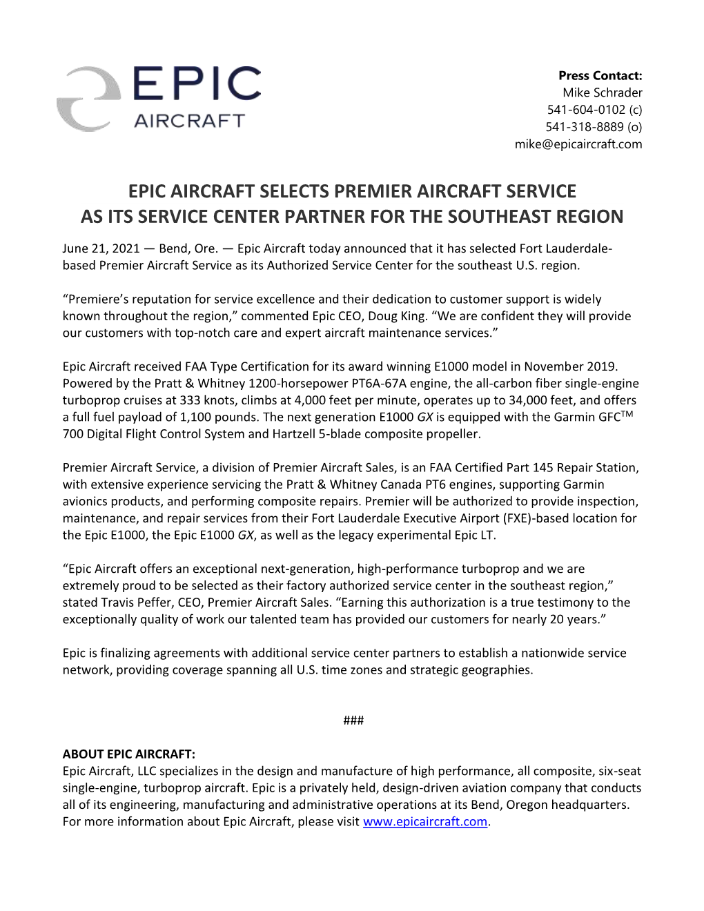 Epic Aircraft Selects Premier Aircraft Service As Its Service Center Partner for the Southeast Region