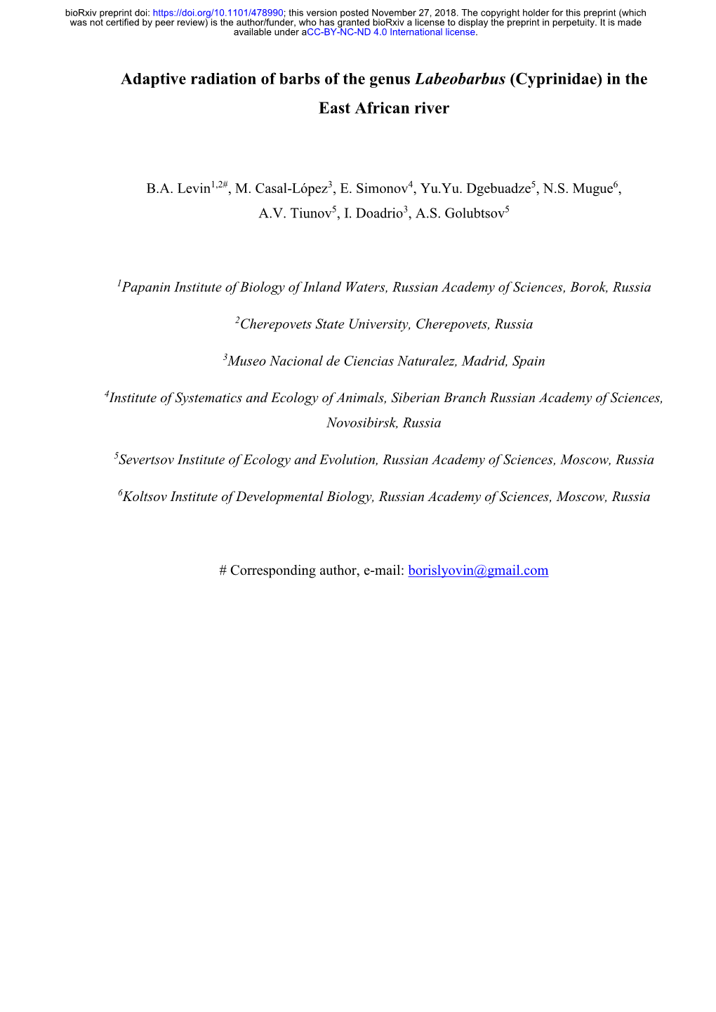 Adaptive Radiation of Barbs of the Genus Labeobarbus (Cyprinidae) in the East African River