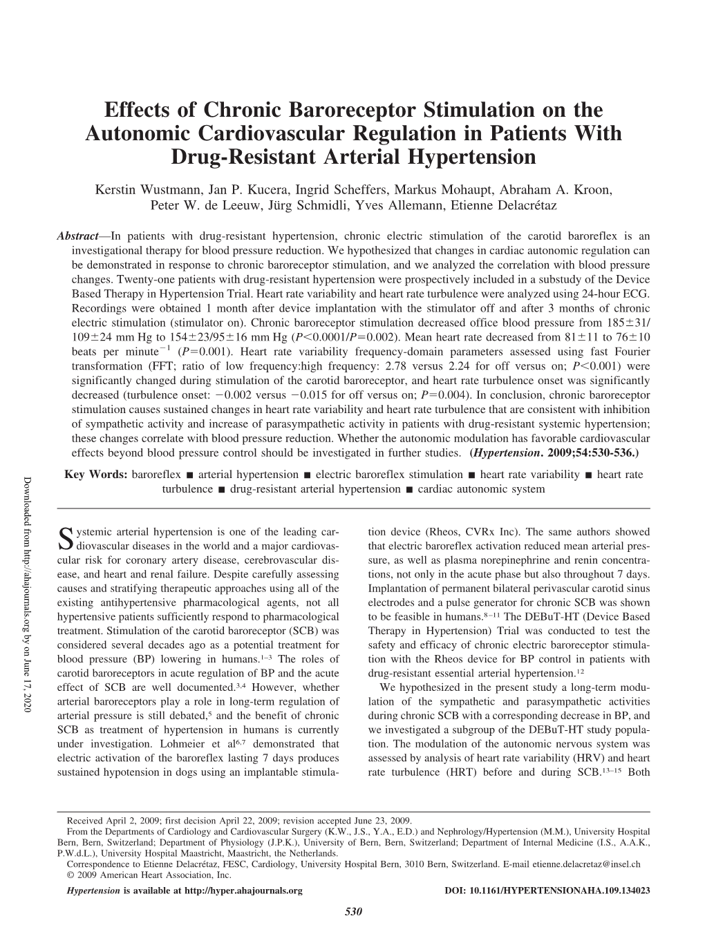 Effects of Chronic Baroreceptor Stimulation on the Autonomic Cardiovascular Regulation in Patients with Drug-Resistant Arterial Hypertension
