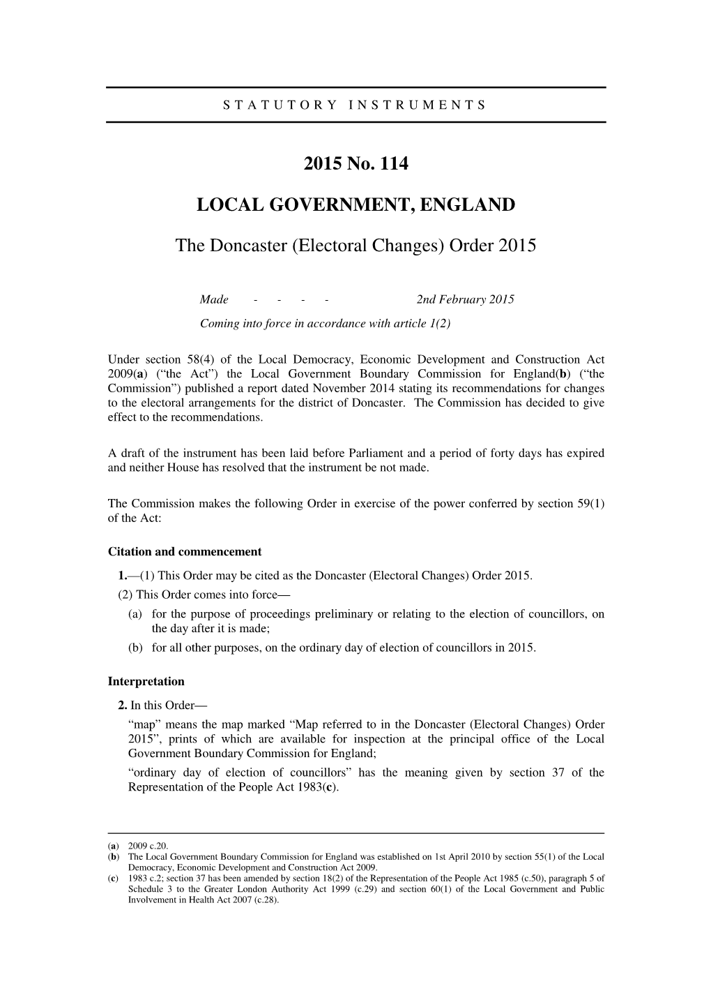 The Doncaster (Electoral Changes) Order 2015