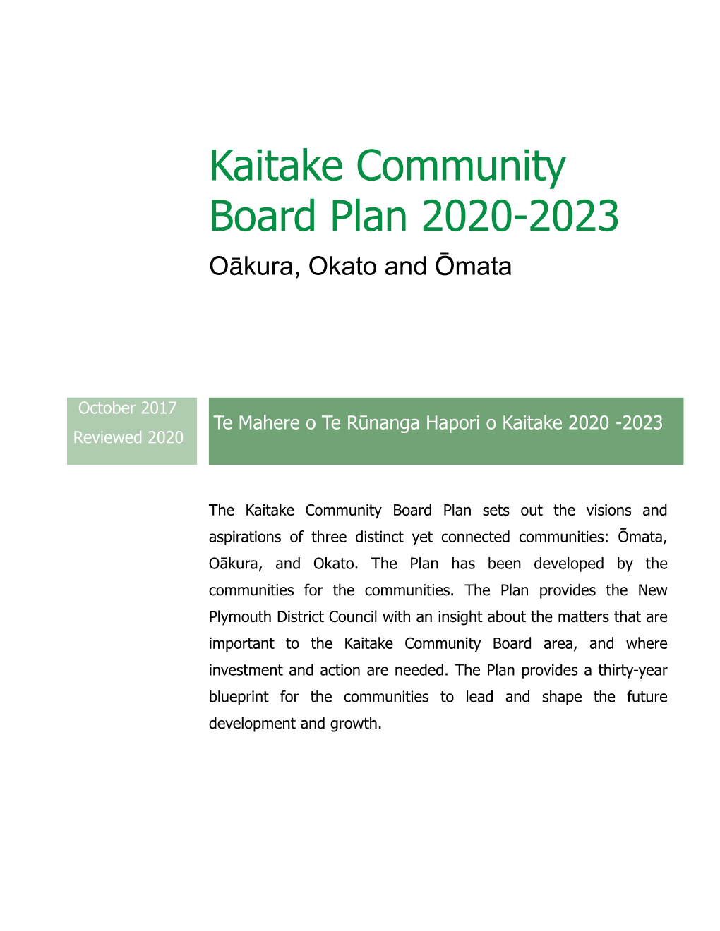 Kaitake Community Board Plan 2020-2023 Oākura, Okato and Ōmata