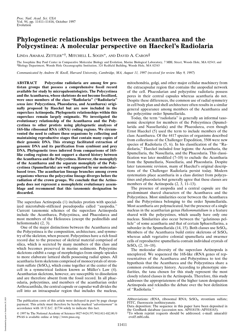 Phylogenetic Relationships Between the Acantharea and the Polycystinea: a Molecular Perspective on Haeckel’S Radiolaria