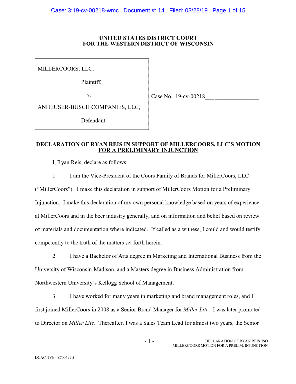 19-Cv-00218-Wmc Document #: 14 Filed: 03/28/19 Page 1 of 15