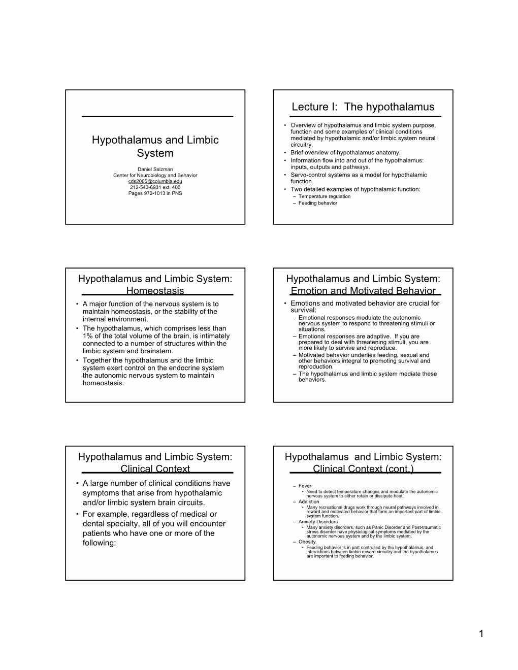 Hypothalamus and Limbic System Lecture I