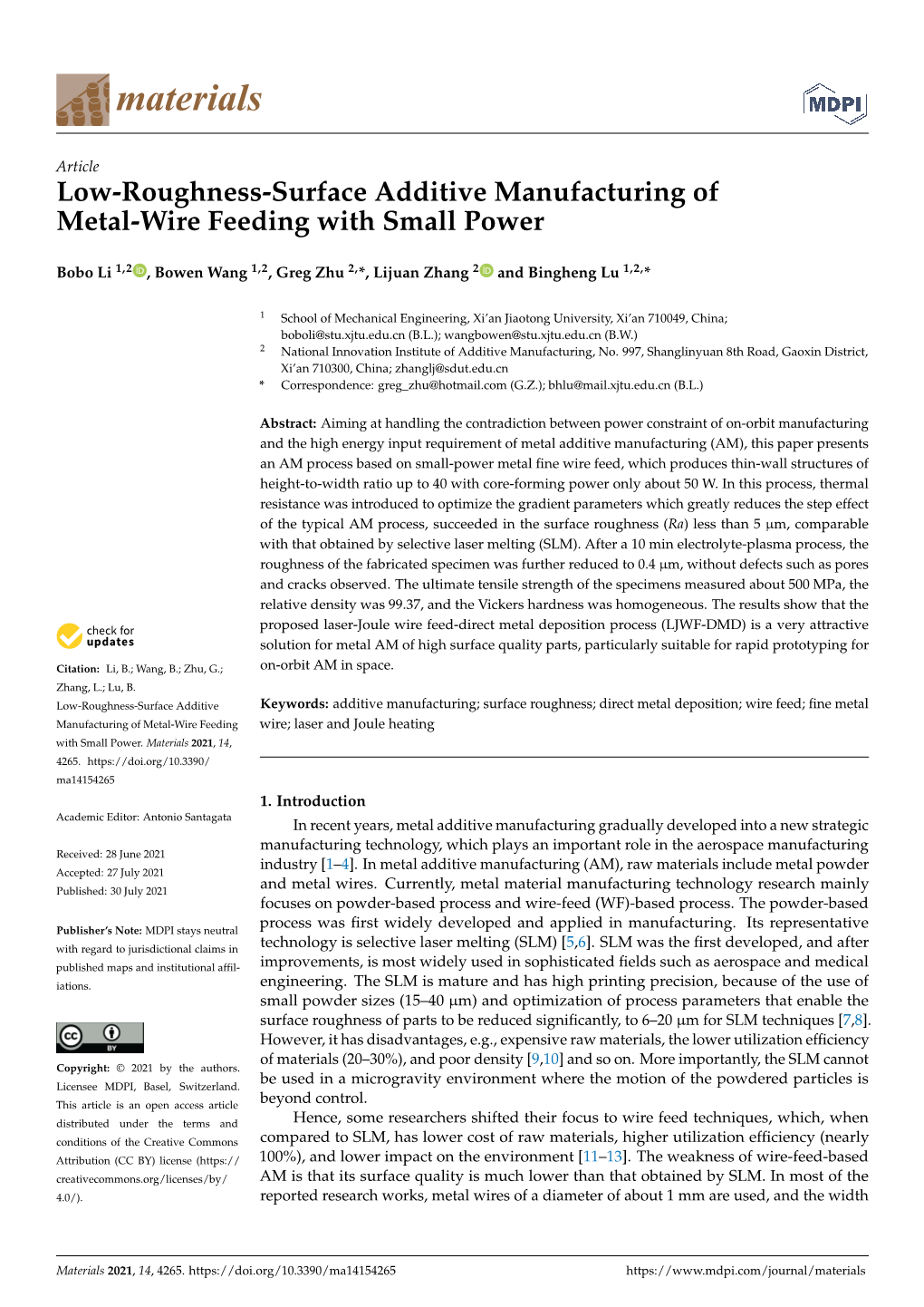 Low-Roughness-Surface Additive Manufacturing of Metal-Wire Feeding with Small Power