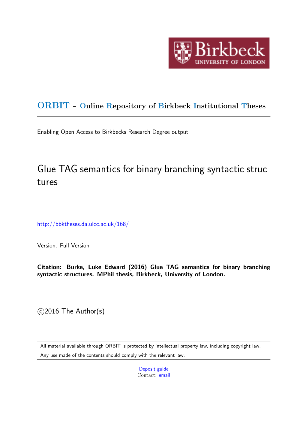 Glue TAG Semantics for Binary Branching Syntactic Struc- Tures