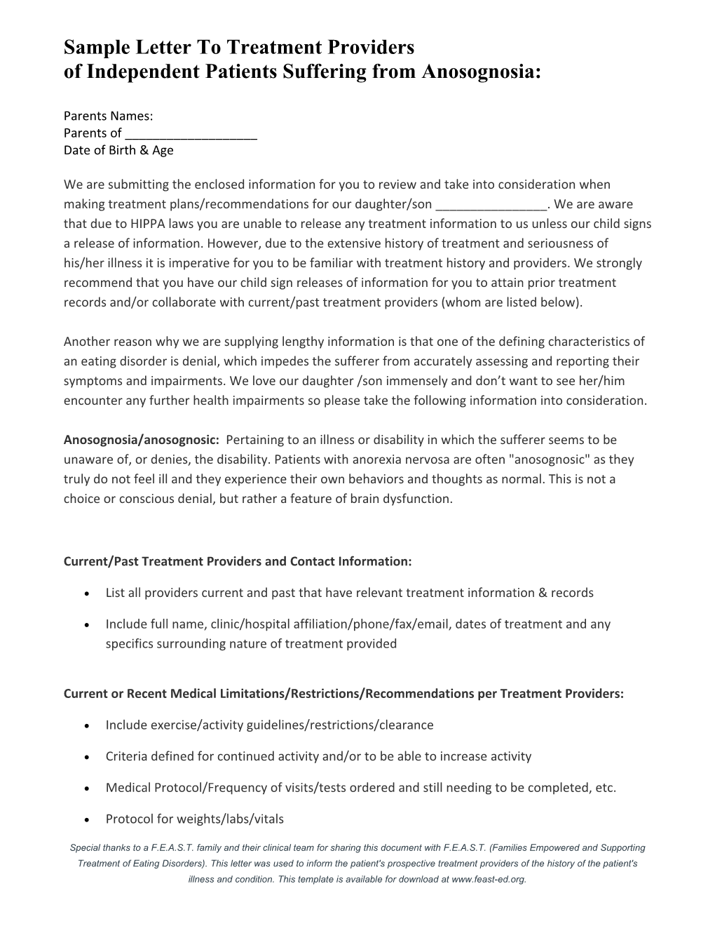 Sample Letter to Treatment Providers