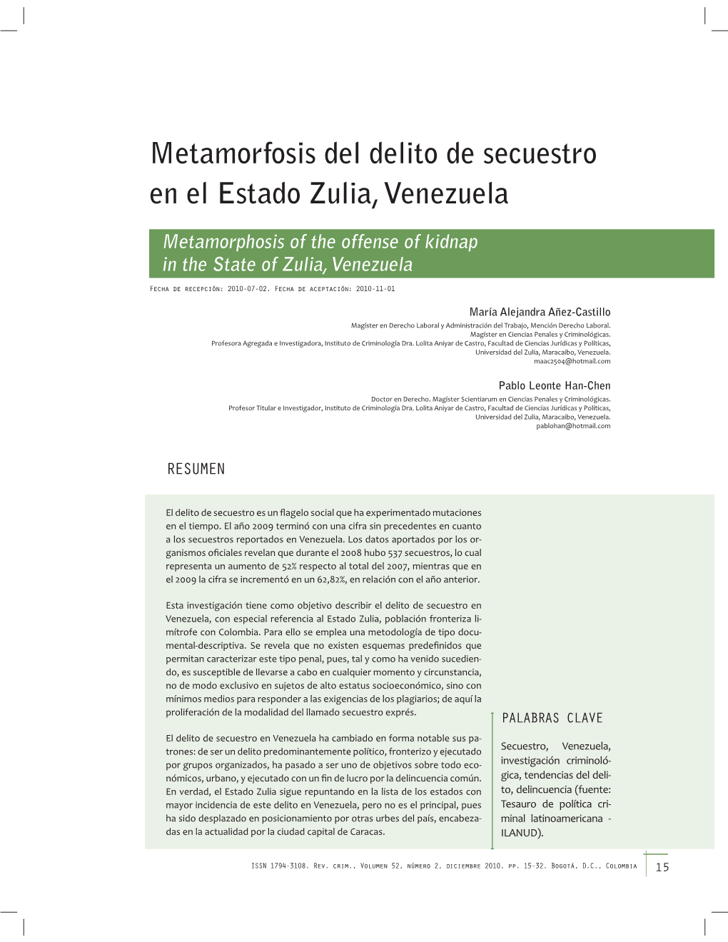 Metamorfosis Del Delito De Secuestro En El Estado Zulia, Venezuela