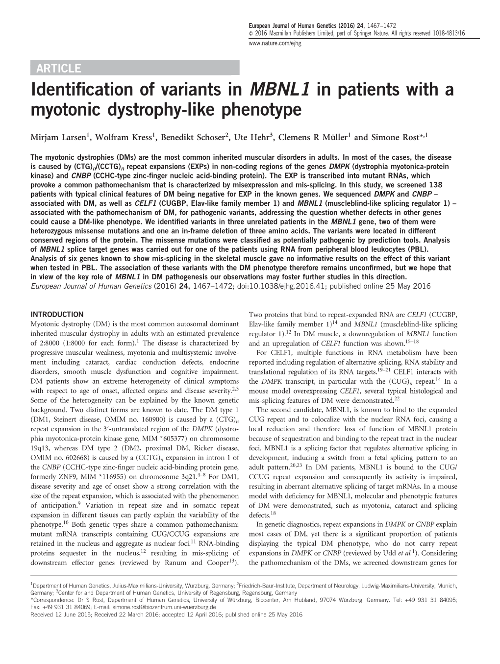 Identification of Variants in MBNL1 in Patients with a Myotonic Dystrophy-Like Phenotype