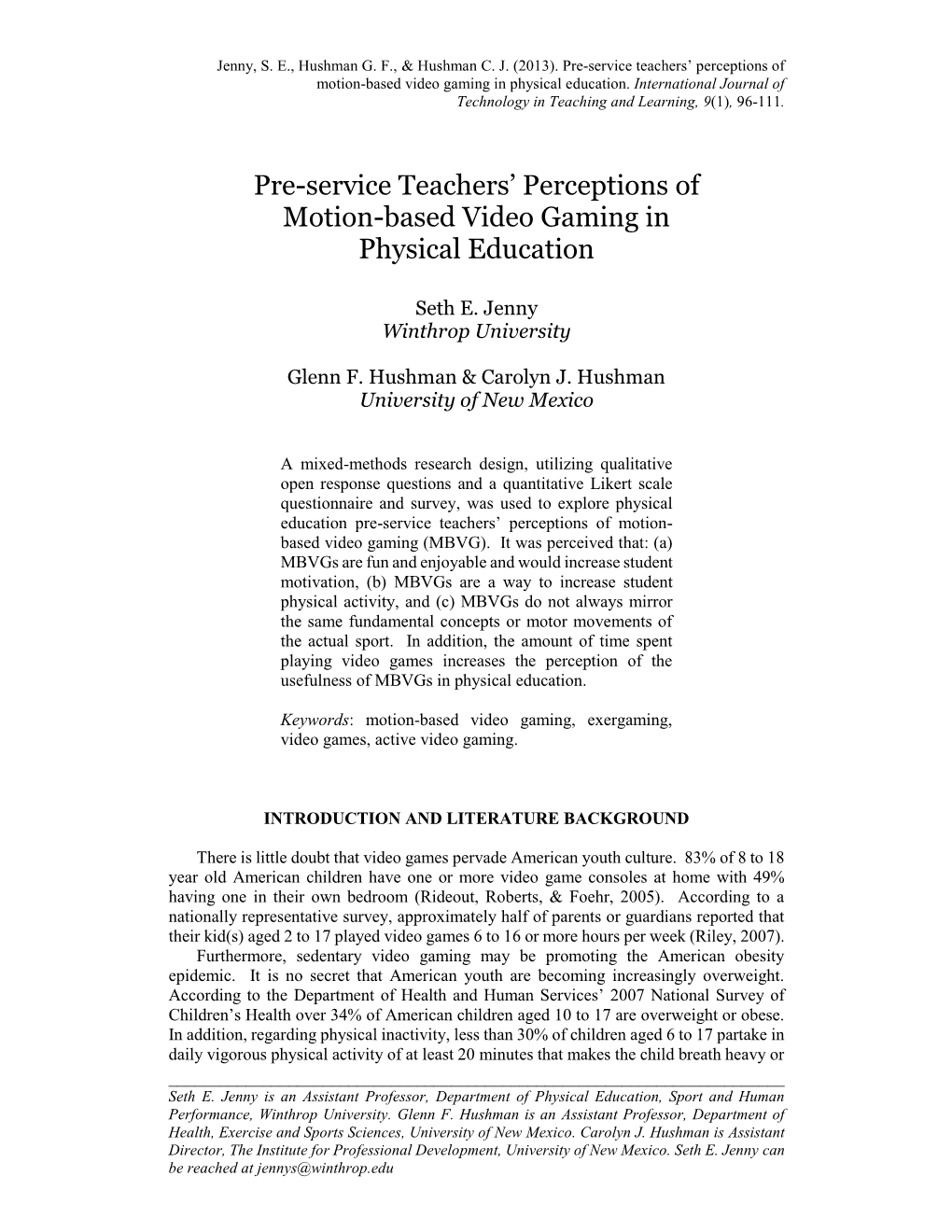 Pre-Service Teachers' Perceptions of Motion-Based Video Gaming In