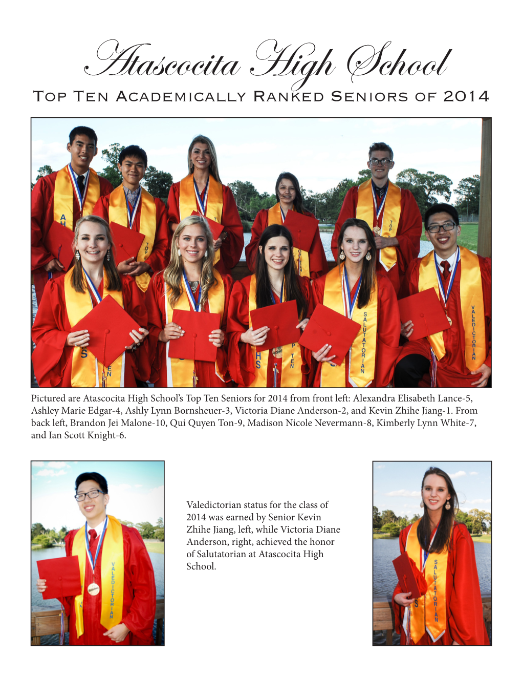 Atascocita High School Top Ten Academically Ranked Seniors of 2014