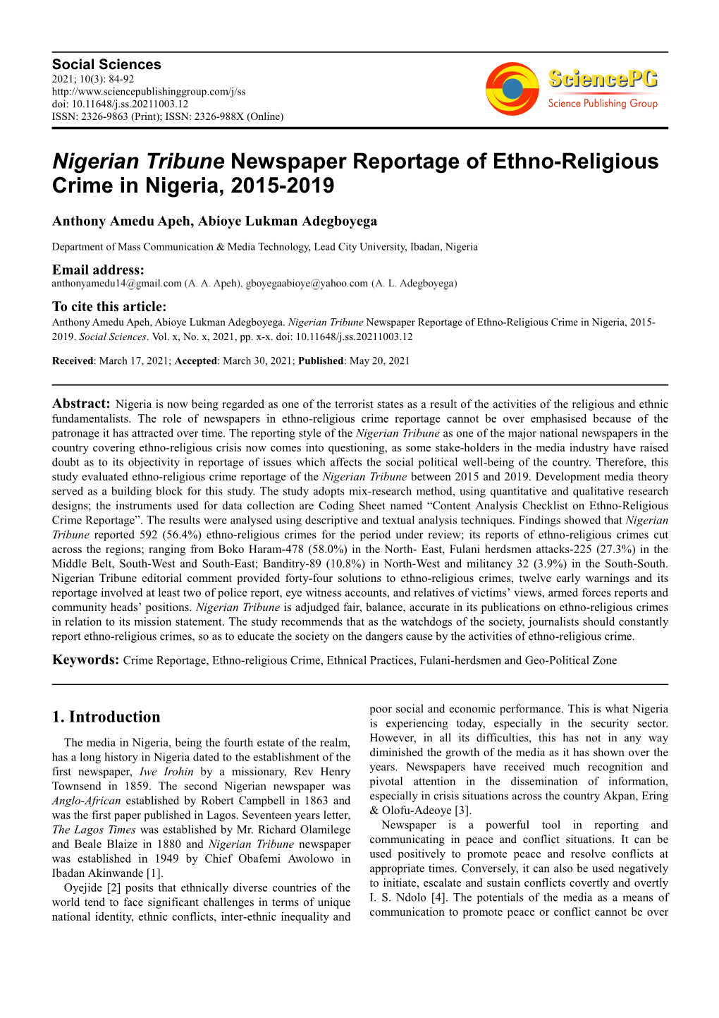 Nigerian Tribune Newspaper Reportage of Ethno-Religious Crime in Nigeria, 2015-2019