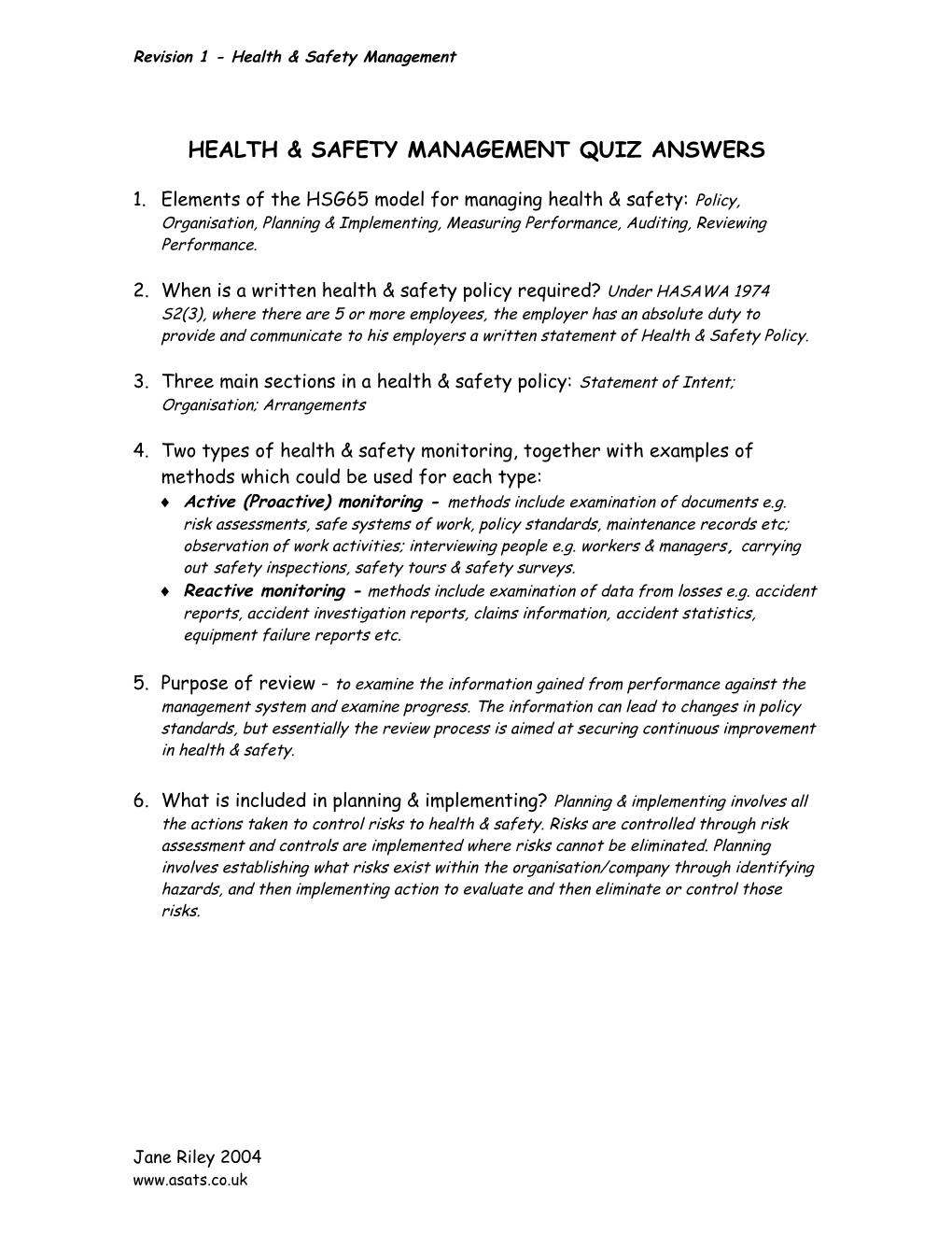 Health & Safety Management Quiz Answers