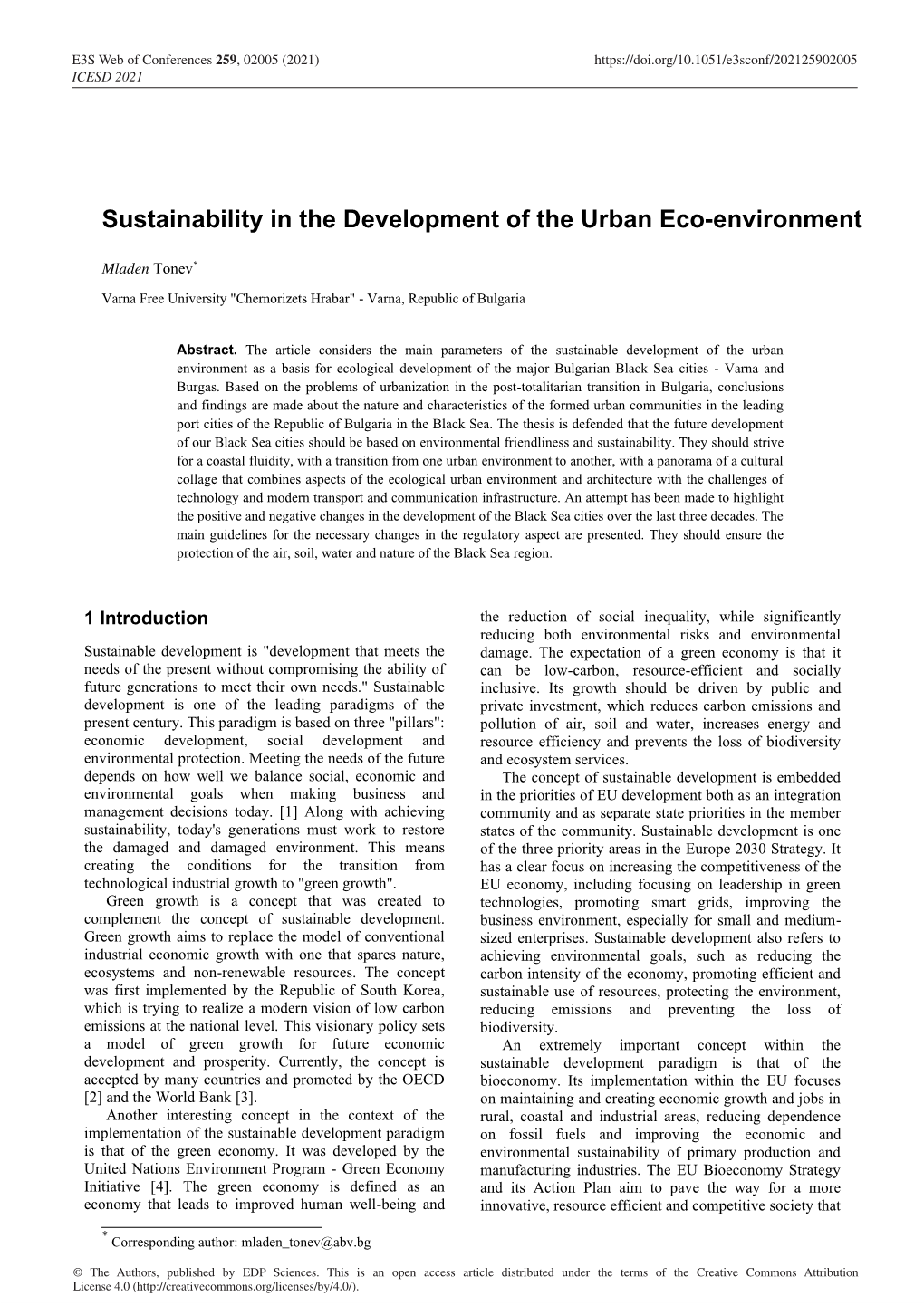 Sustainability in the Development of the Urban Eco-Environment