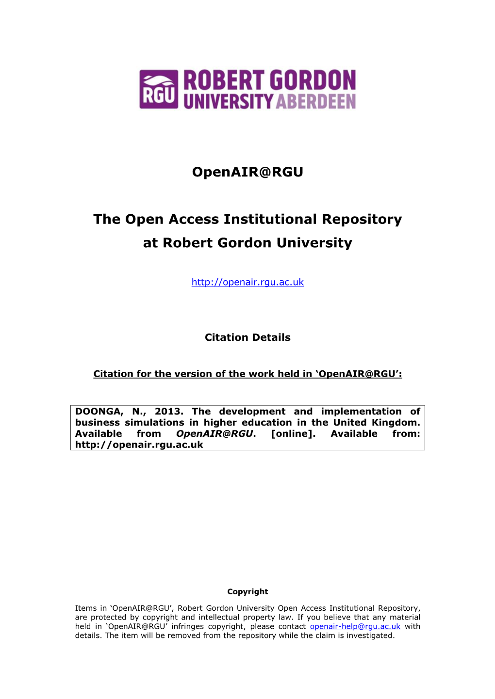 Openair@RGU the Open Access Institutional Repository at Robert