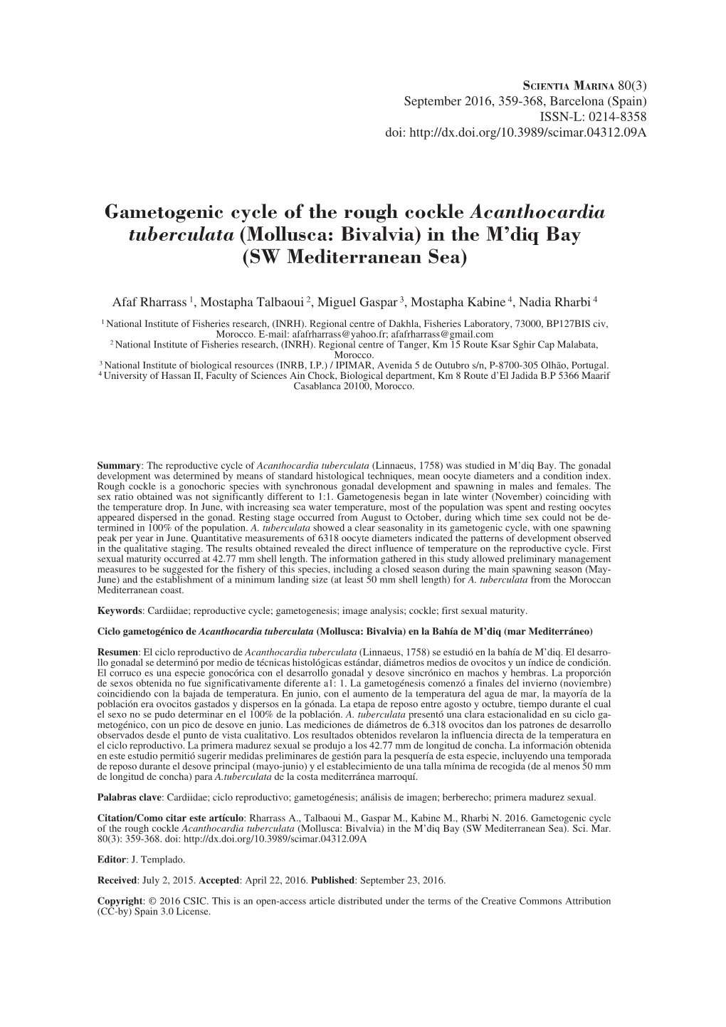 Gametogenic Cycle of the Rough Cockle Acanthocardia Tuberculata (Mollusca: Bivalvia) in the M’Diq Bay (SW Mediterranean Sea)