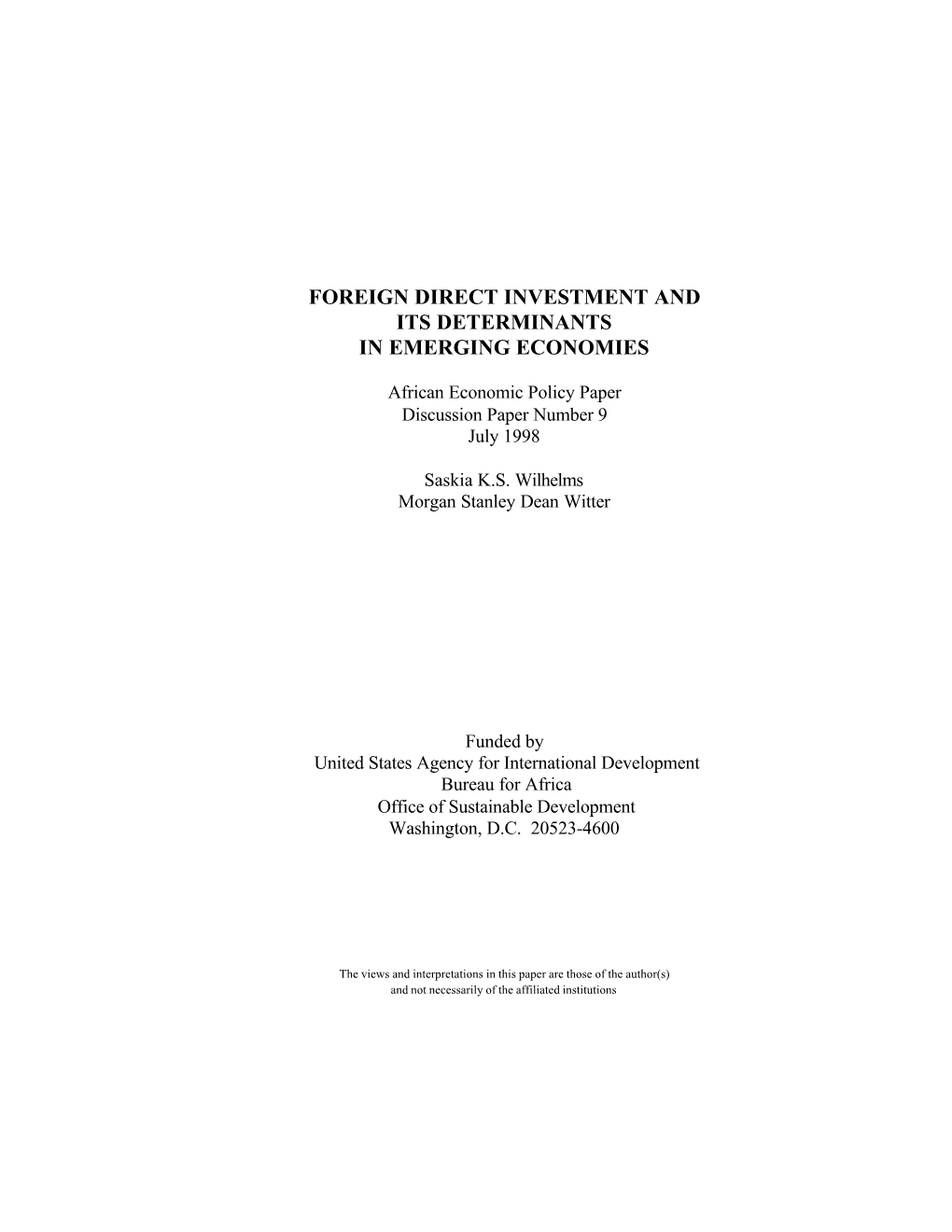 Foreign Direct Investment and Its Determinants in Emerging Economies