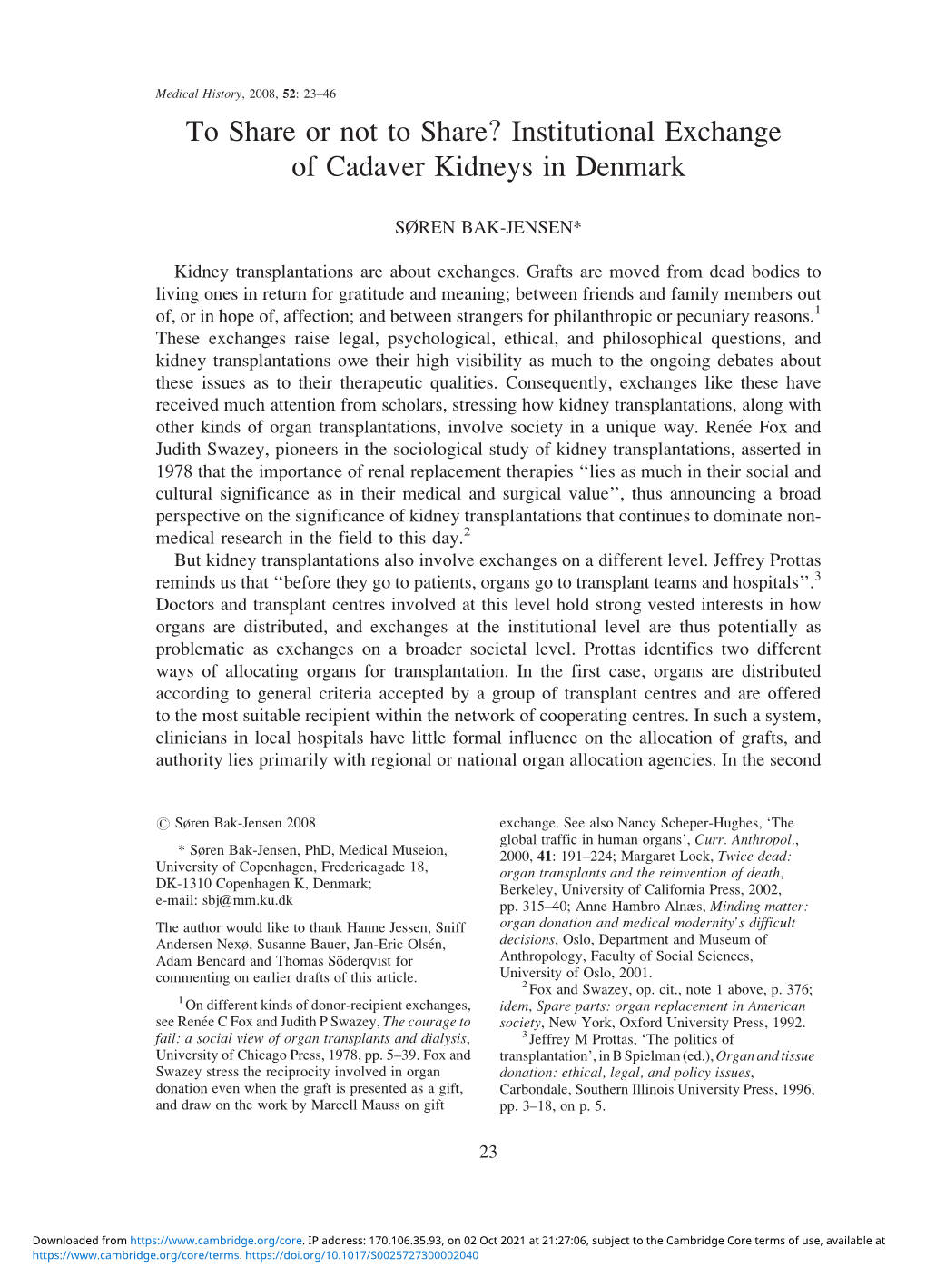 Institutional Exchange of Cadaver Kidneys in Denmark