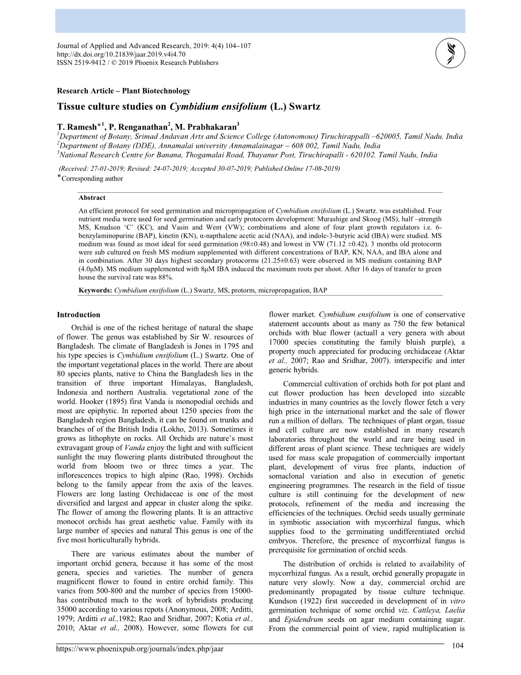 Tissue Culture Studies on Cymbidium Ensifolium (L.) Swartz