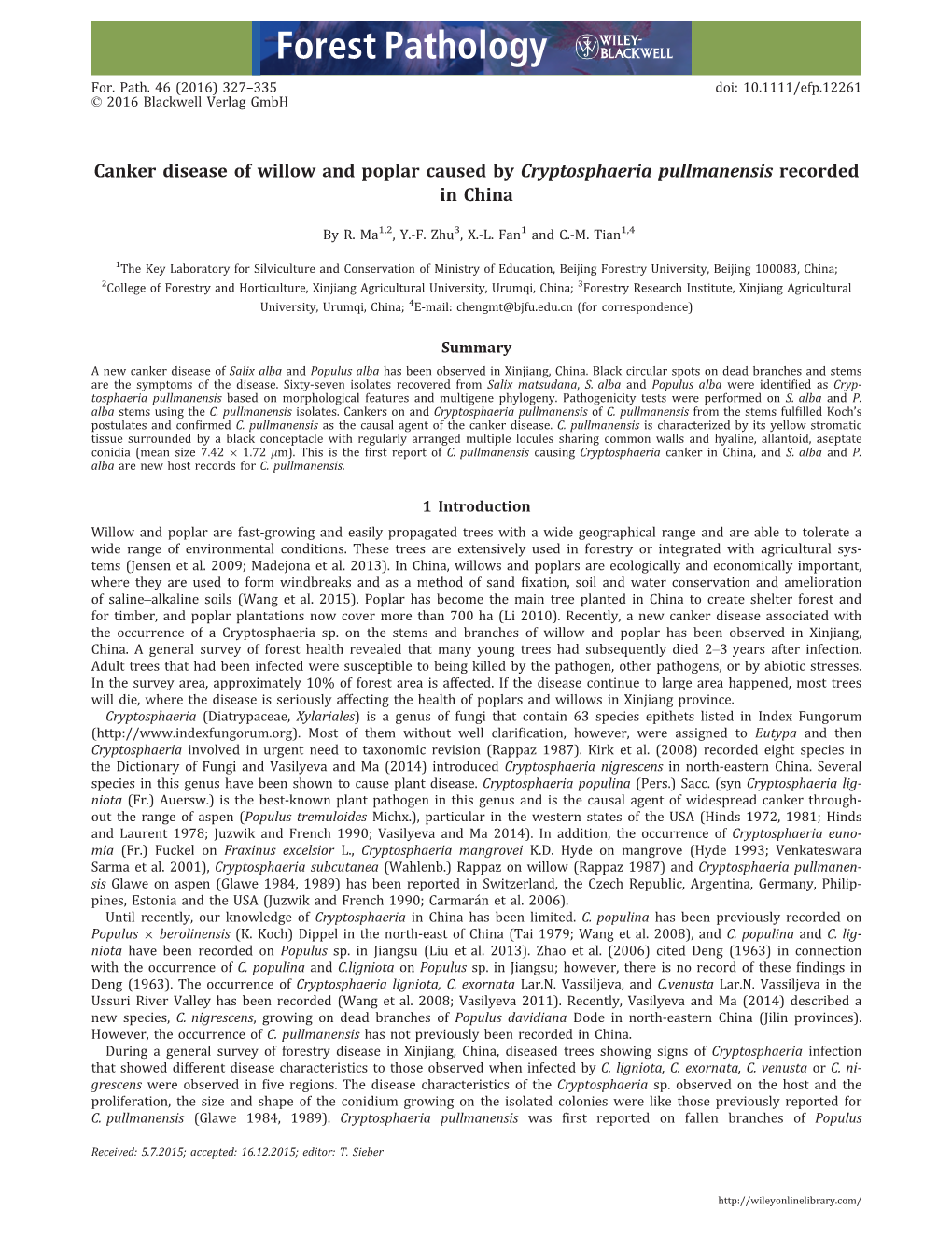 Canker Disease of Willow and Poplar Caused by Cryptosphaeria Pullmanensis Recorded in China