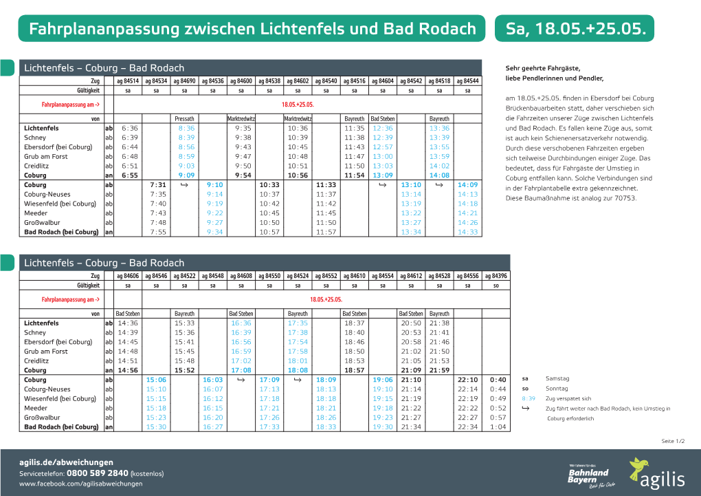 Fahrplananpassung Zwischen Lichtenfels Und Bad Rodach Sa, 18.05.+25.05